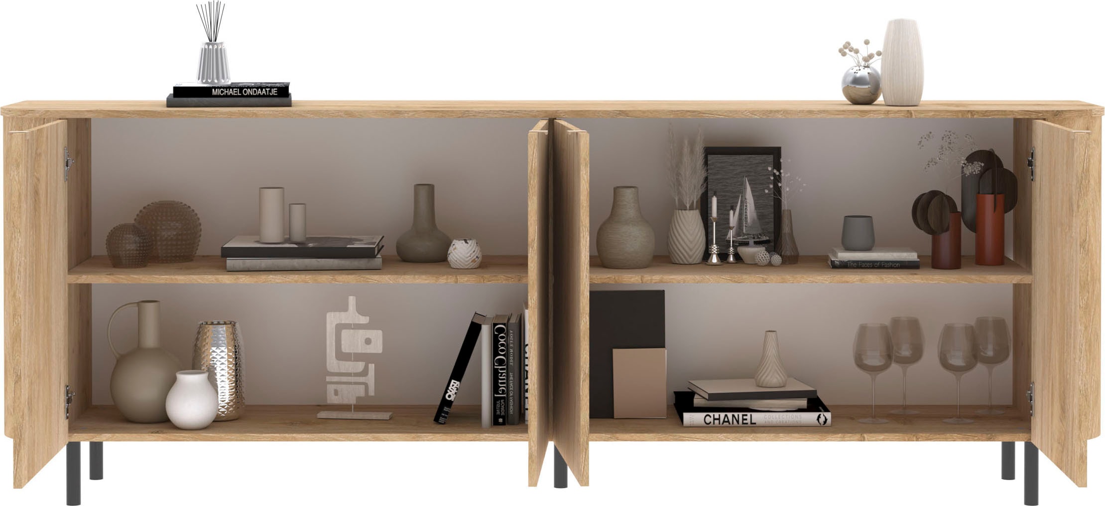 Home affaire Sideboard »Murano, 231 cm breit, 4 Türen, Anrichte, Kommode, Stauraumschrank« Formgebogenes MDF, Stirnseiten mit Rundung, Füsse und Griffe aus Metall