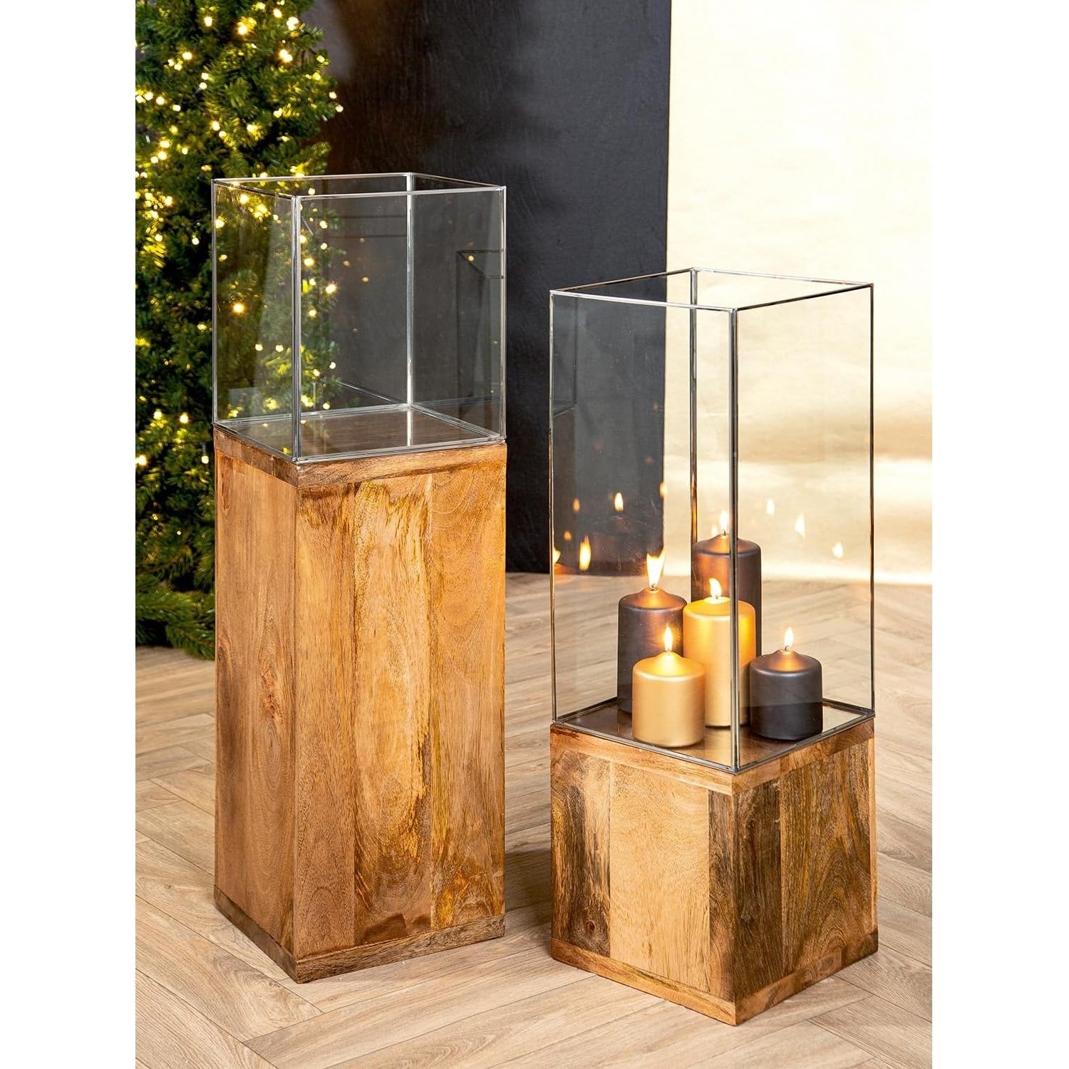 GILDE Photophore de sol »Windlicht, Kerzenhalter Säule, 91.26x26cm, Geschenkidee« en bois massif de manguier huilé, avec plateau en verre inclus