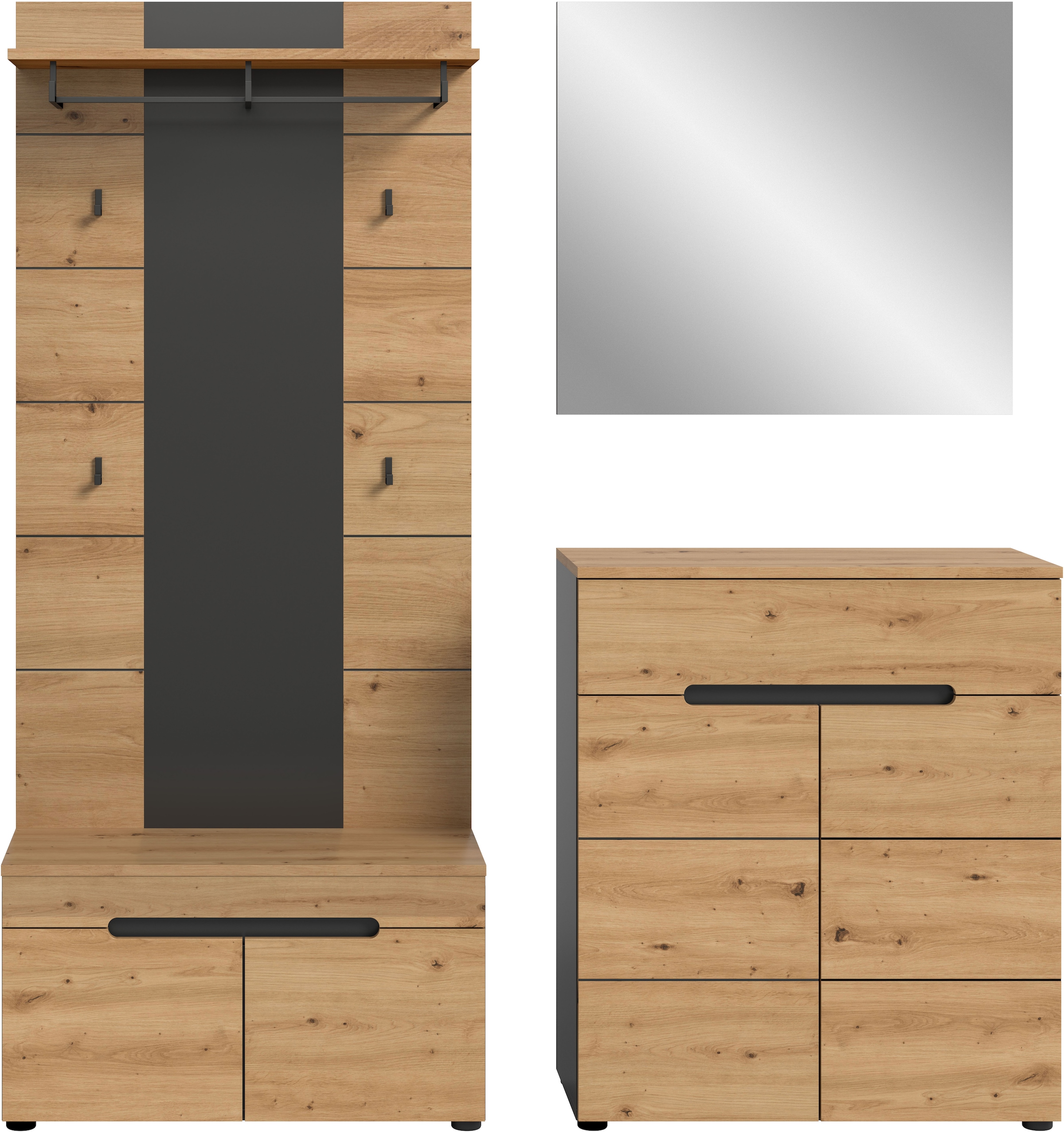 Home affaire Garderoben-Set »REHAT, TOPSELLER!, 4-teilig, Breite 175 cm, individuell erweiterbar« Set, bestehend aus: Sitzbank, Paneel, Spiegel und Kommode, 4 Stk. tlg.