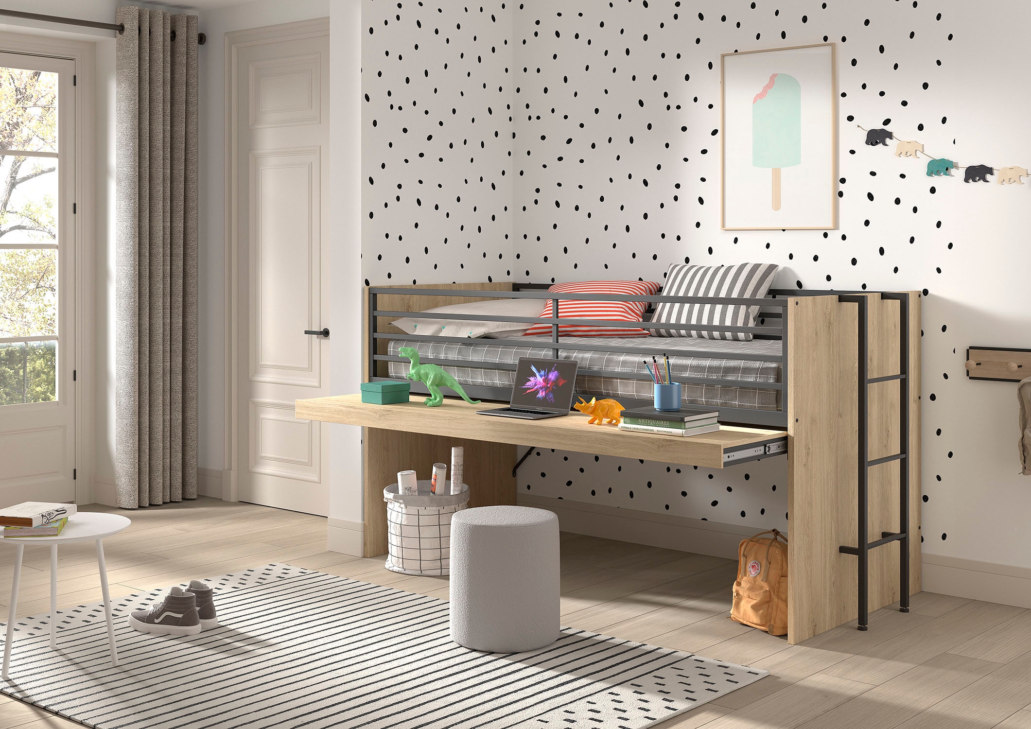 Vipack Hochbett »Sam, schlafen und arbeiten in einem, wahlweise Eiche- oder Weiss-Dekor« Liegefläche 90x200 cm, darunter eine grosse ausziehbare Schreibplatte,  Inkl. Absturzschutz u. Leiter, pflegeleichte Dekor Oberfläche