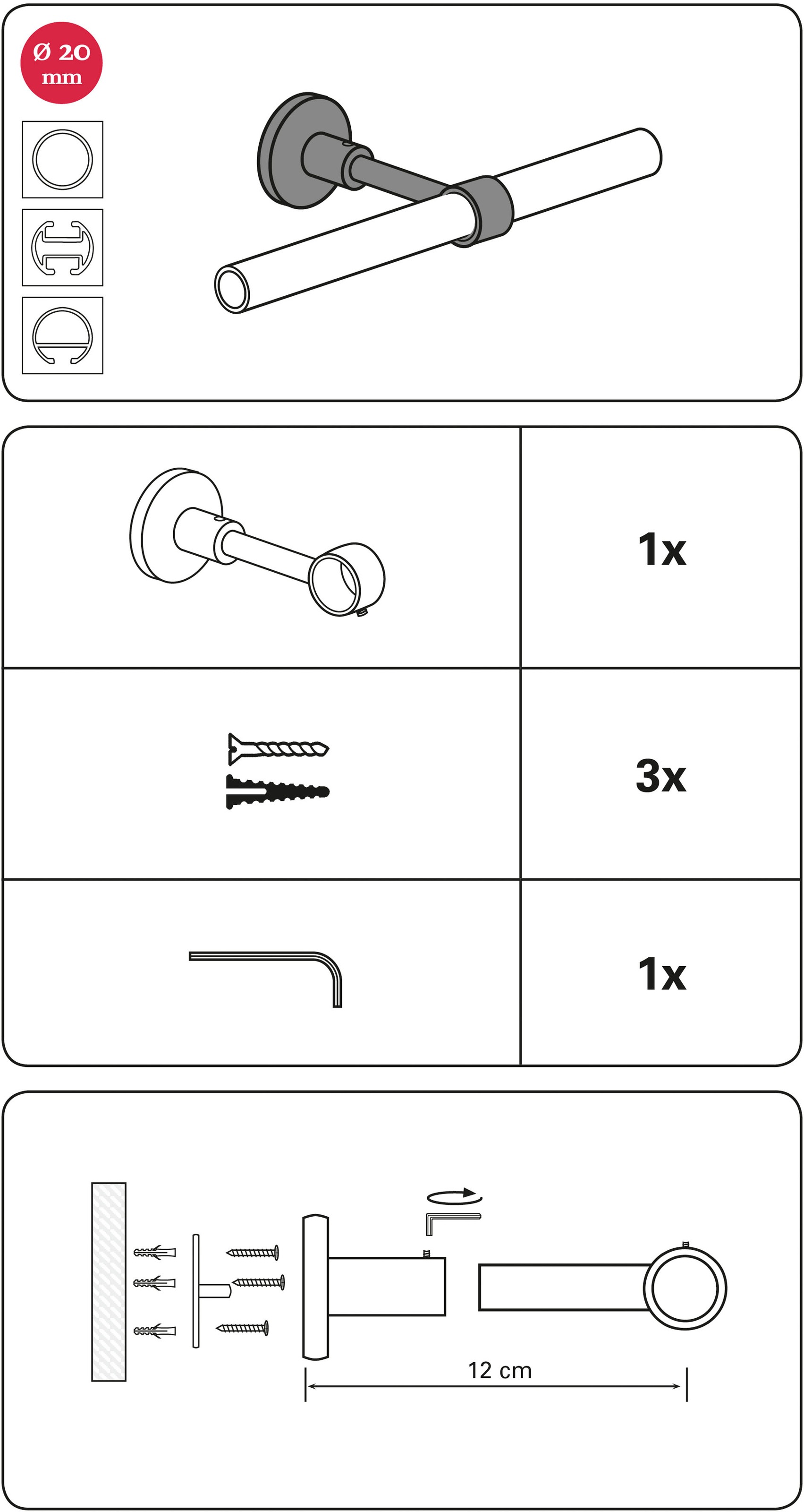 GARDINIA Support »Wandträger geschlossen für Gardinenstange« Serie Einzelprogramm Chicago Ø 20 mm