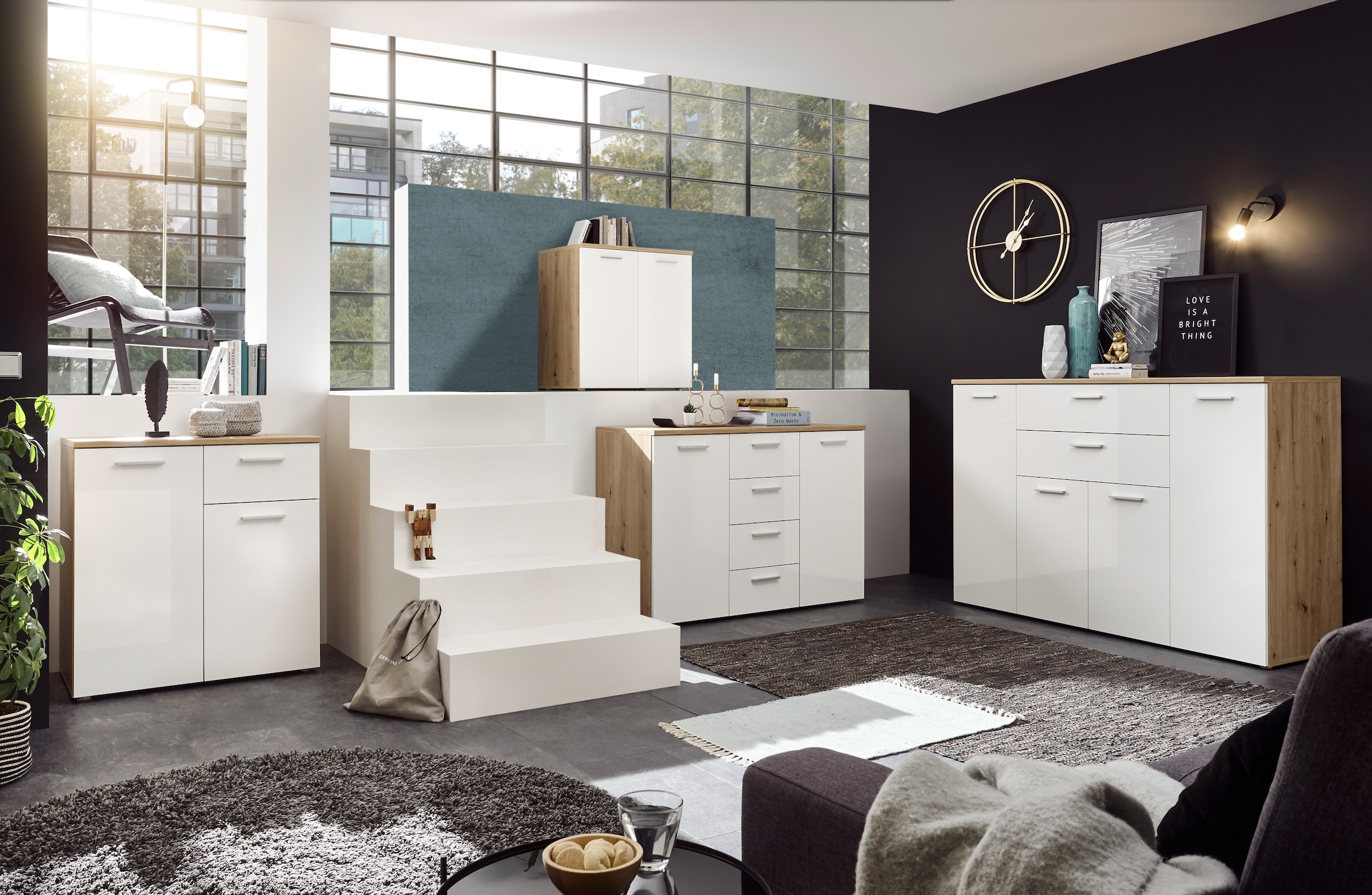 HBZ Kommode »Pablo weiss Glanz, BxHxT 152x106x50 cm« Kommode mit 4 Türen, 2 Schubkästen, 5 Einlegeböden verstellbar