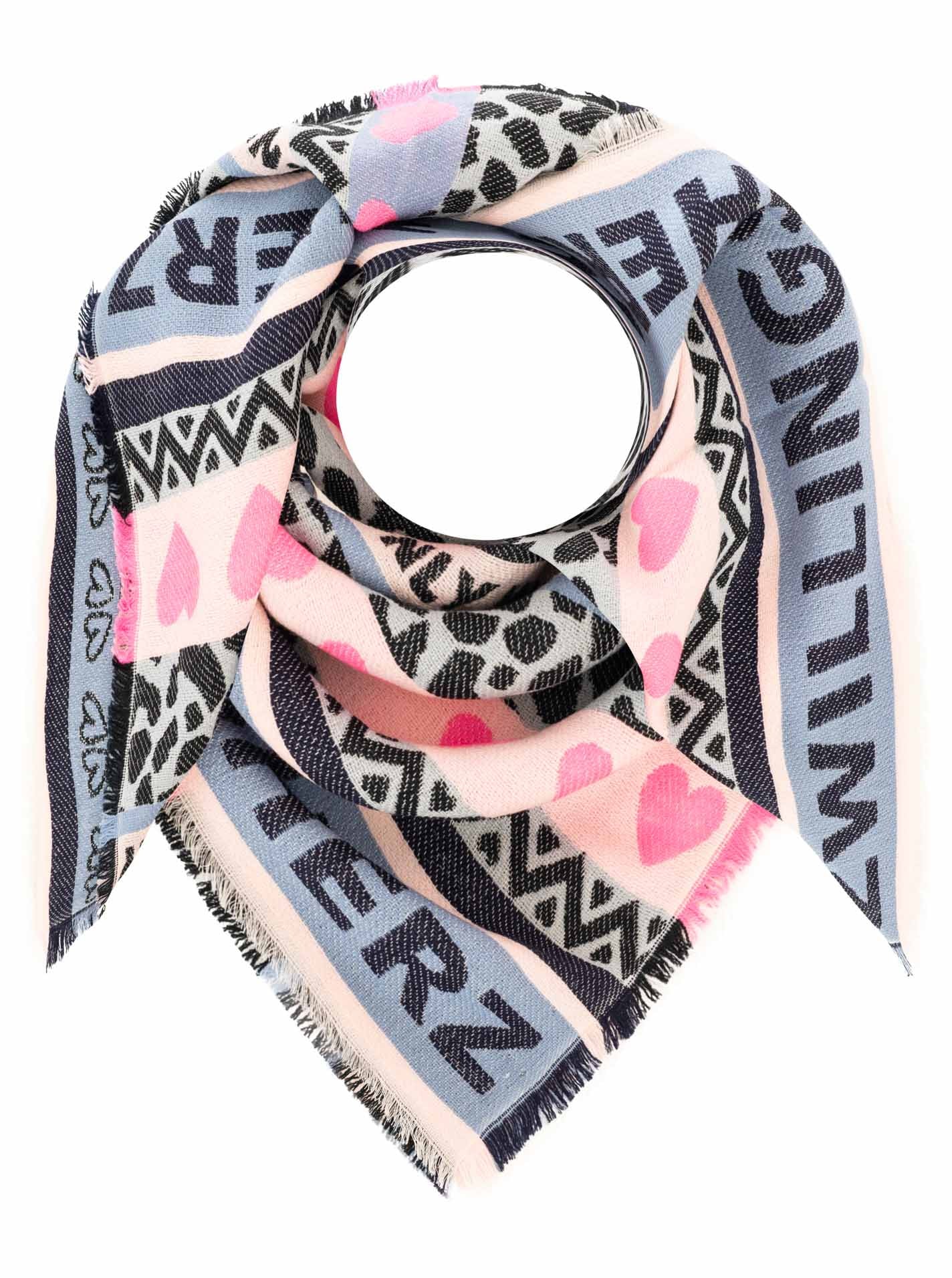 Zwillingsherz Foulard de mode »"Wild Vibes Only"« mélange de motifs, léopard et cœurs, finitions à franges tout autour, avec laine