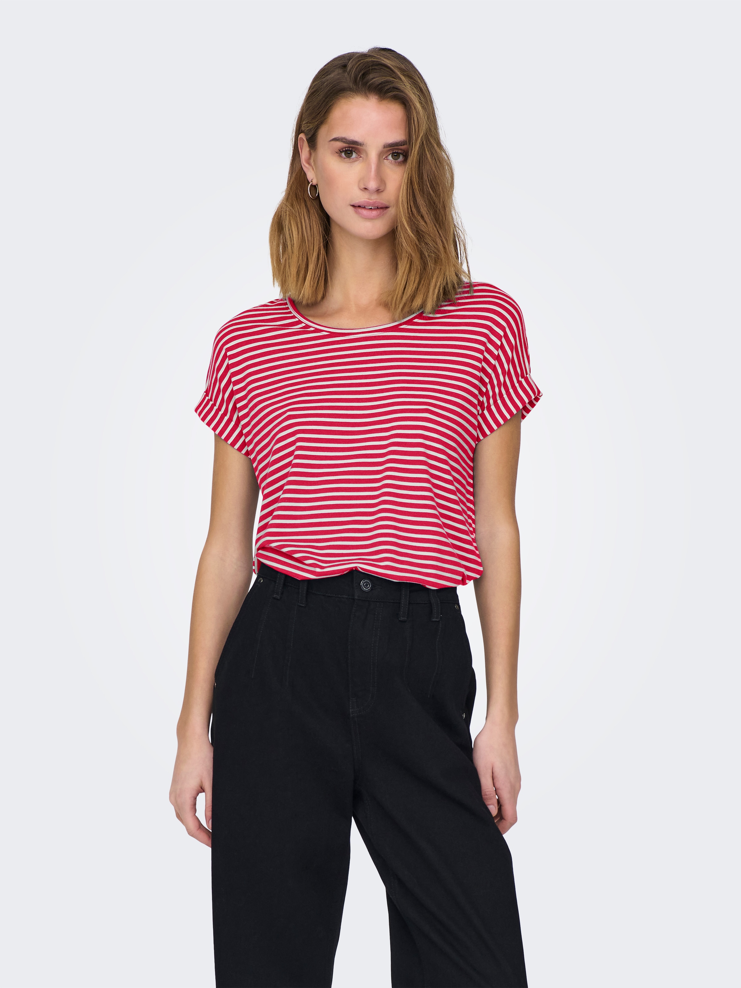 ONLY Kurzarmshirt »ONLMOSTER STRIPE S/S O-NECK TOP JRS NOOS« gestreift, lässig geschnitten, Jersey, Rundhals, Viskosemischung