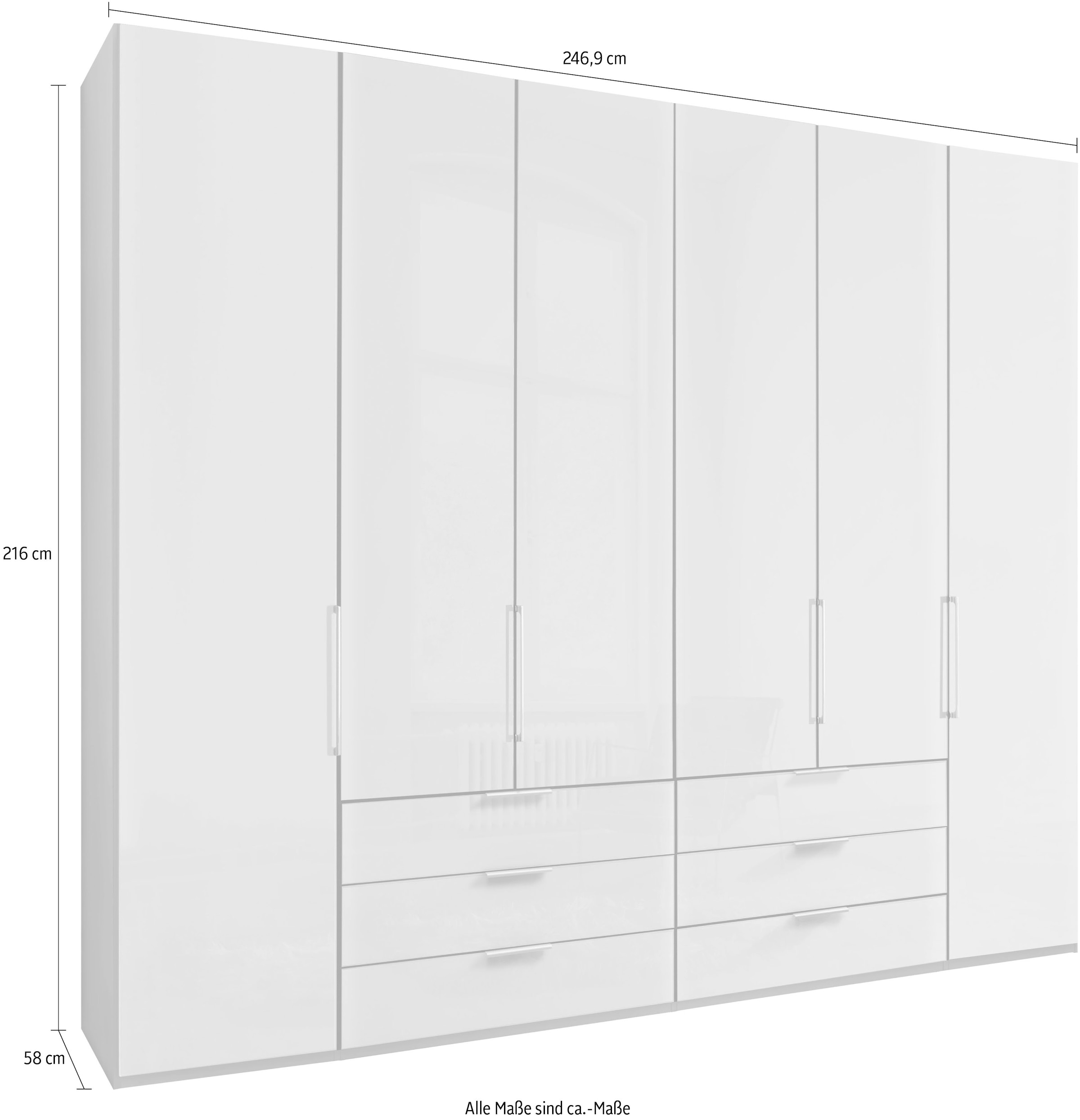 WIEMANN Armoire à portes pliantes »Monaco, Kleiderschrank, Schrank, Wäscheschrank, mit edler Glasfront« 2 largeurs, 2 hauteurs 216/236 cm sélectionnables, FABRIQUÉ EN ALLEMAGNE,  incl. tiroirs et portes rembourrés, avec ouverture panoramique