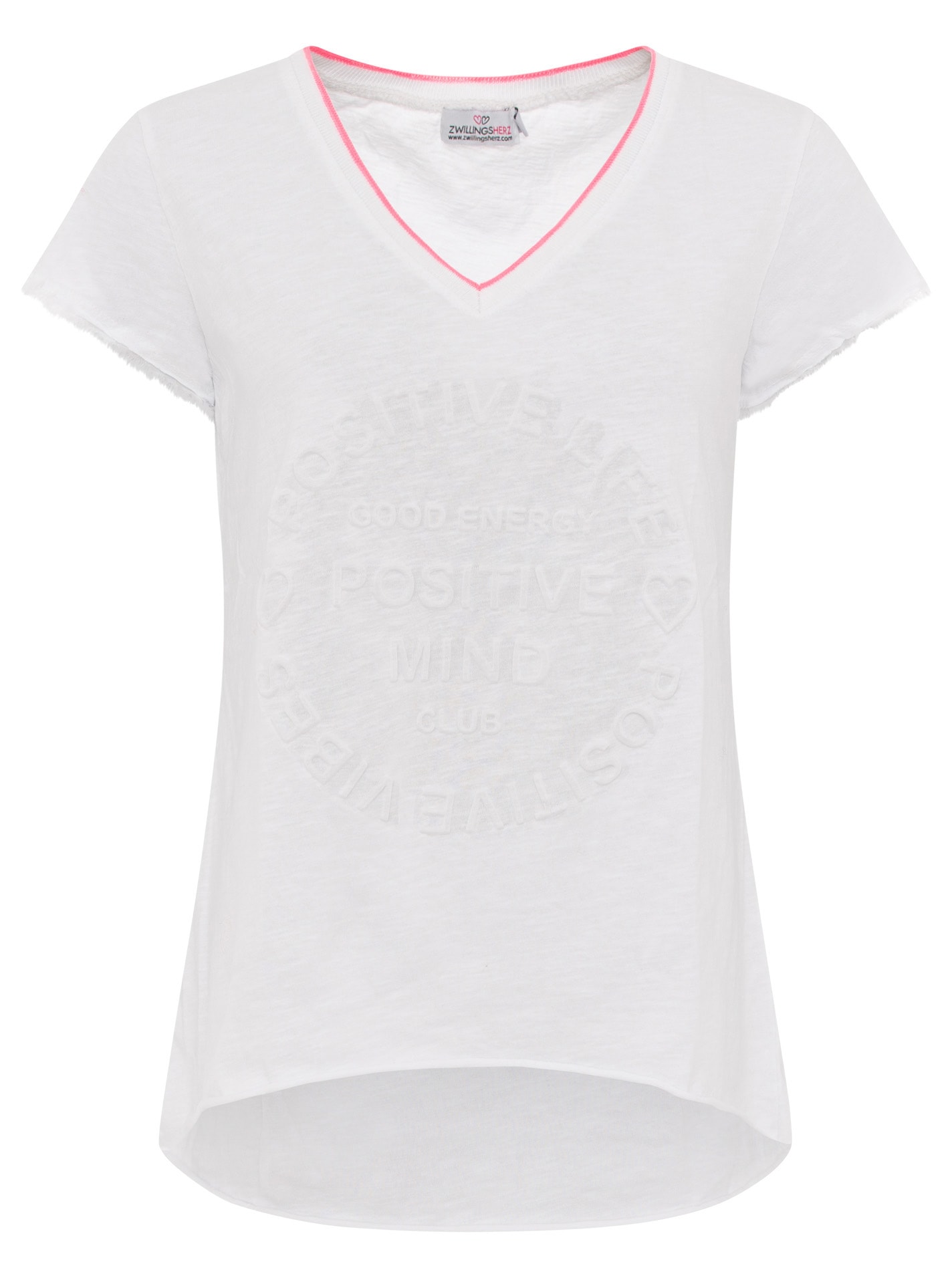 Zwillingsherz T-shirt à manches courtes »"Positive Mind Neonkante"« ausgefranste Kanten, V-Ausschnitt mit Neonkante, kurzarm, Stempeldruck