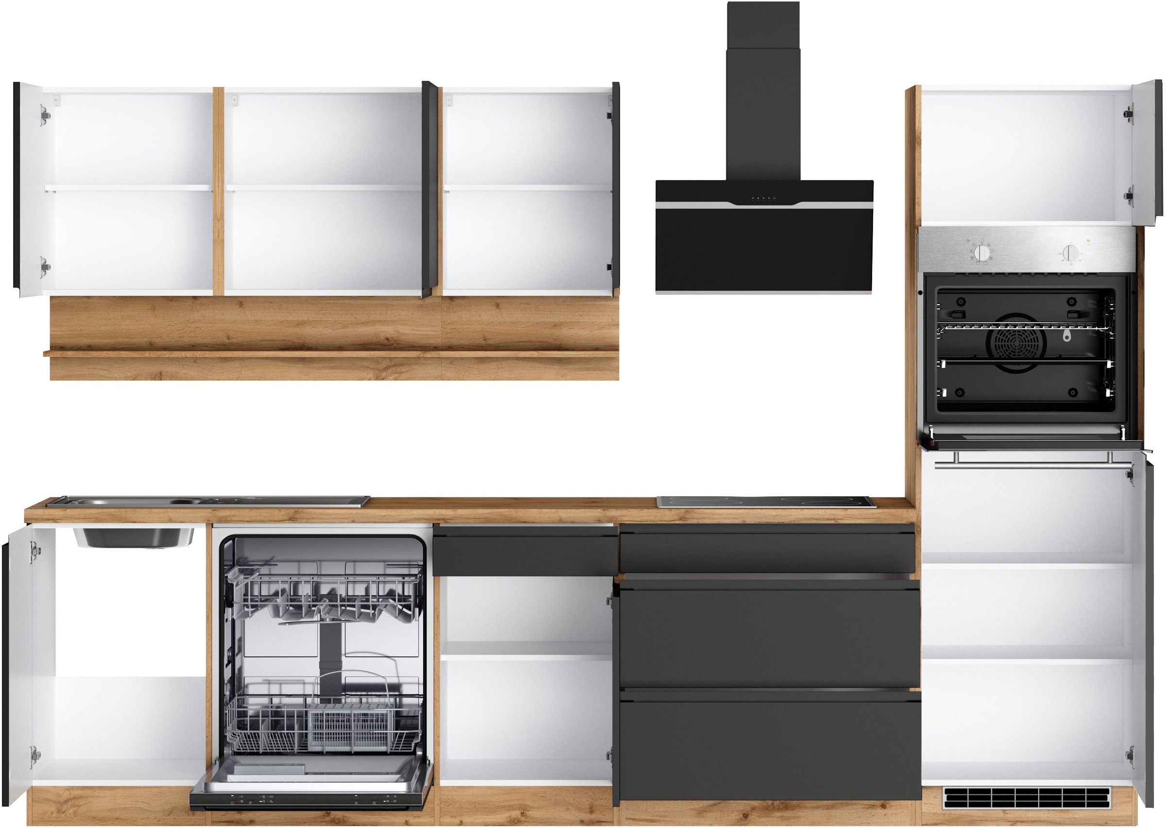 KOCHSTATION Kitchenette »KS-Virginia,neu in verbesserter Ausführung« plan de travail épaisseur 38 mm, rangement, fermeture douce,  largeur 300 cm, fermeture douce, avec appareils électriques en option
