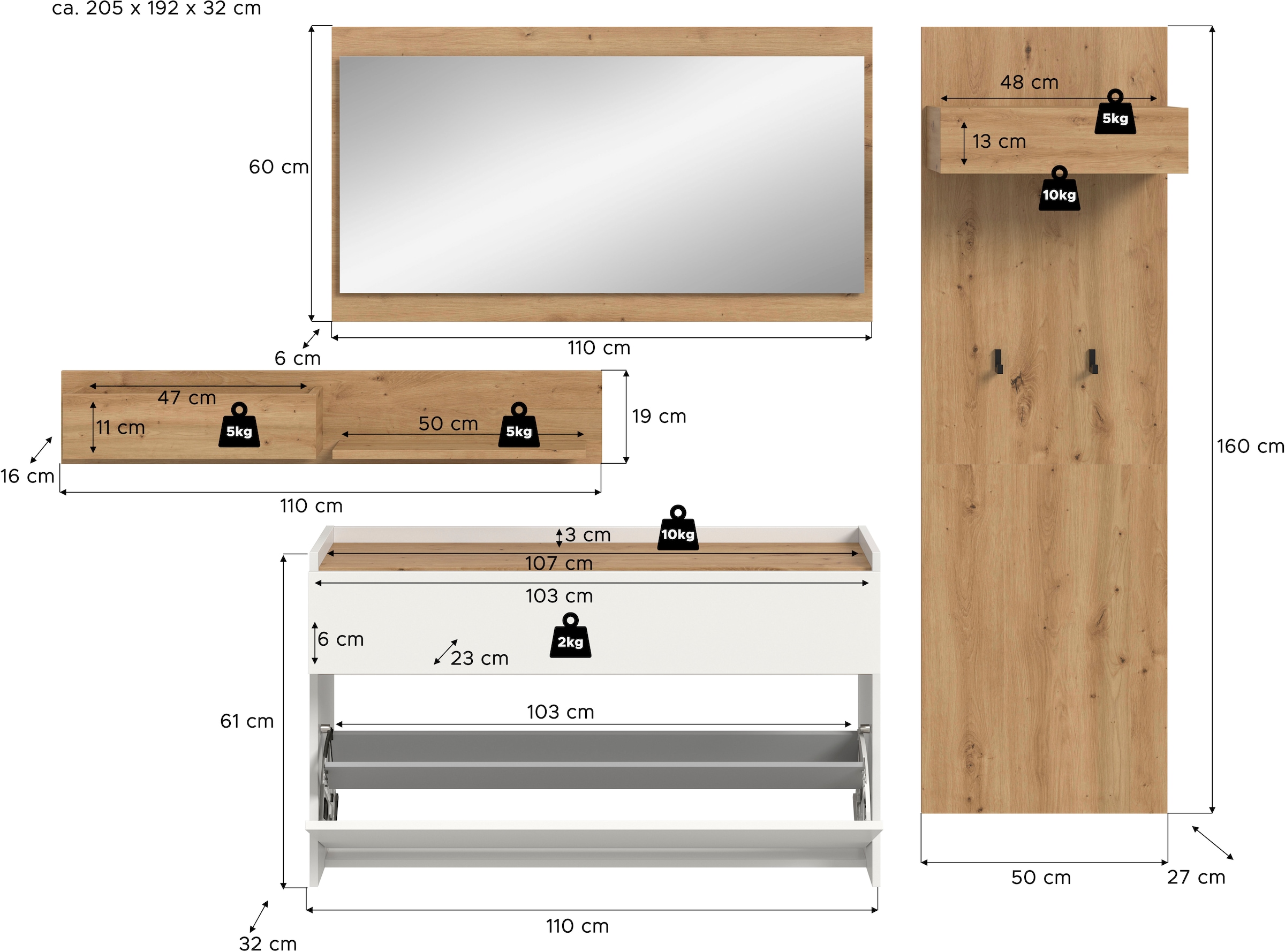 Home affaire Garderoben-Set »EVRID, 4-teilig, Breite 205 cm, individuell hängbar & erweiterbar« best. aus.: Wandboard, Kommode, Spiegel, Garderobenpaneel, 4 Stk. tlg.