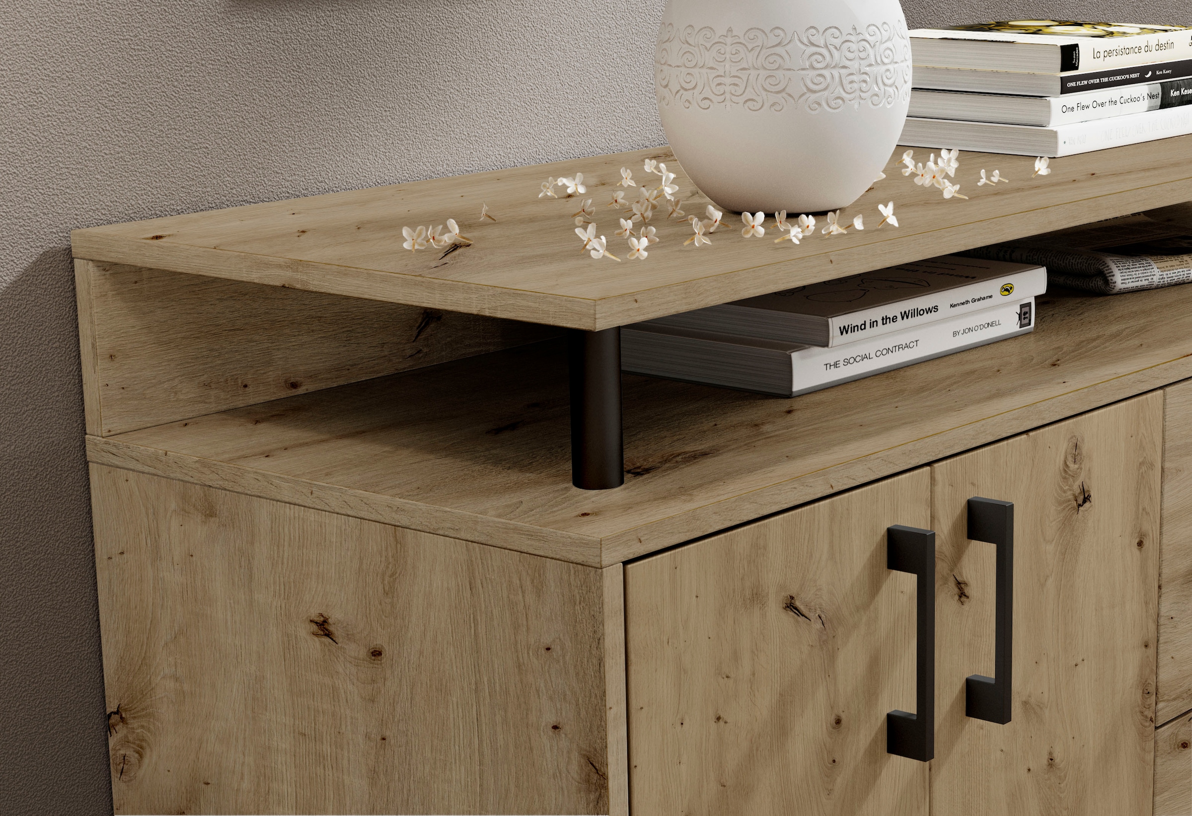 HBZ Sideboard »Drivno Sideboard, B/H/T 139x90x34 cm« Breite 139cm, Kugelauszug, Einlegeböden verstellbar, 3 Schubkästen