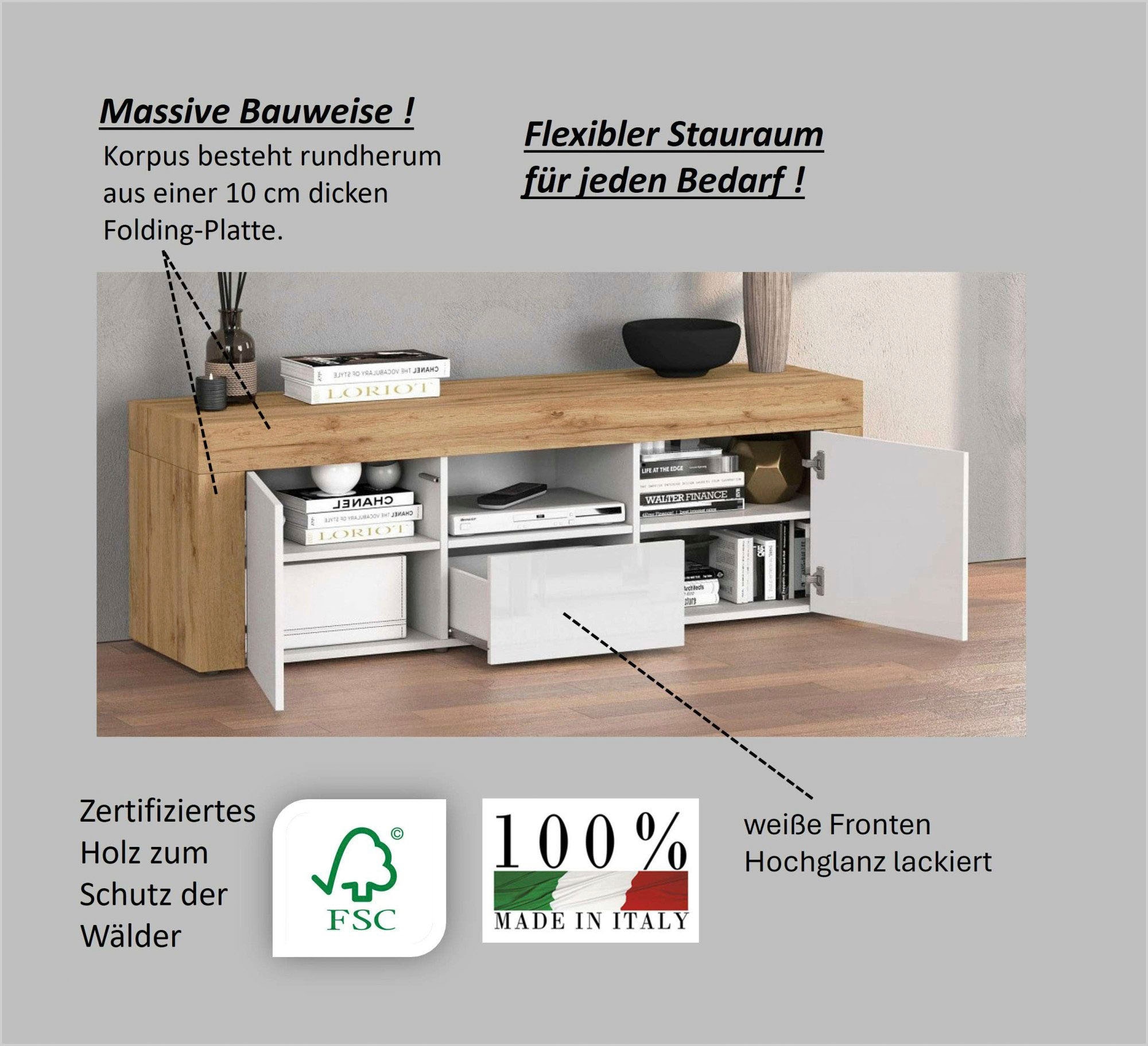 GOODproduct Lowboard »CHRONOS Breite 155 cm mit 2 Türen, 1 Schublade,1 offenes Fach« 1 Stk. tlg. TV-Board, Sideboard niedrig, Grifflos mit Push to Open 'Made in Italy'