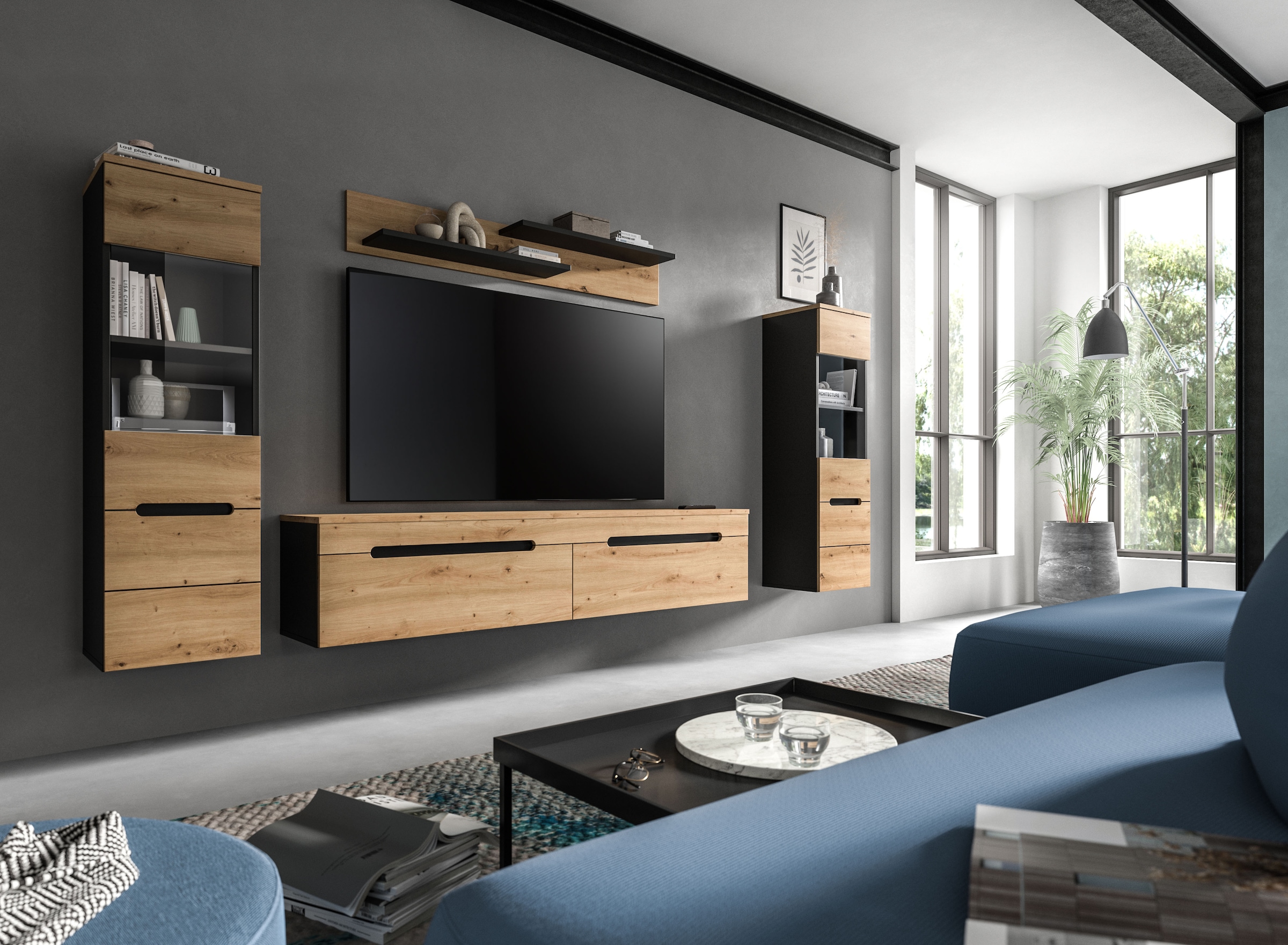 Home affaire Wohnwand »REHAT, 4-teilig, wahlweise stehend und hängend montierbar« Set bestehend aus: 2x Vitrine, Lowboard und Wandboard, 3 Stk. tlg.