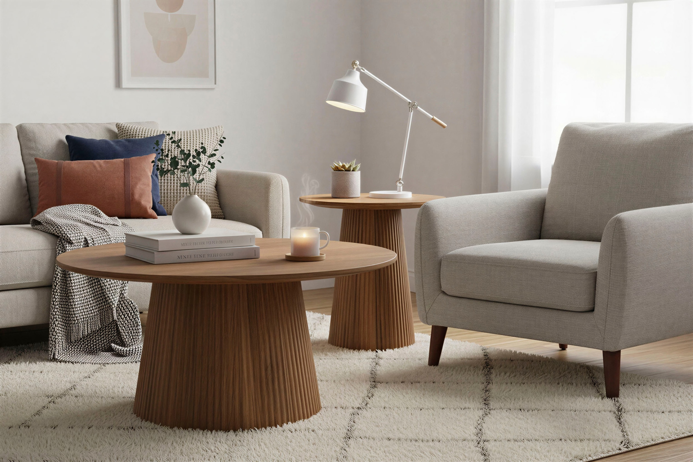 SIT Table basse »Brüssel aus Mangoholz mit Sockelfuss & Lamellendesign« Plateau de table rond Ø 80 cm et pied massif avec effet lamelles