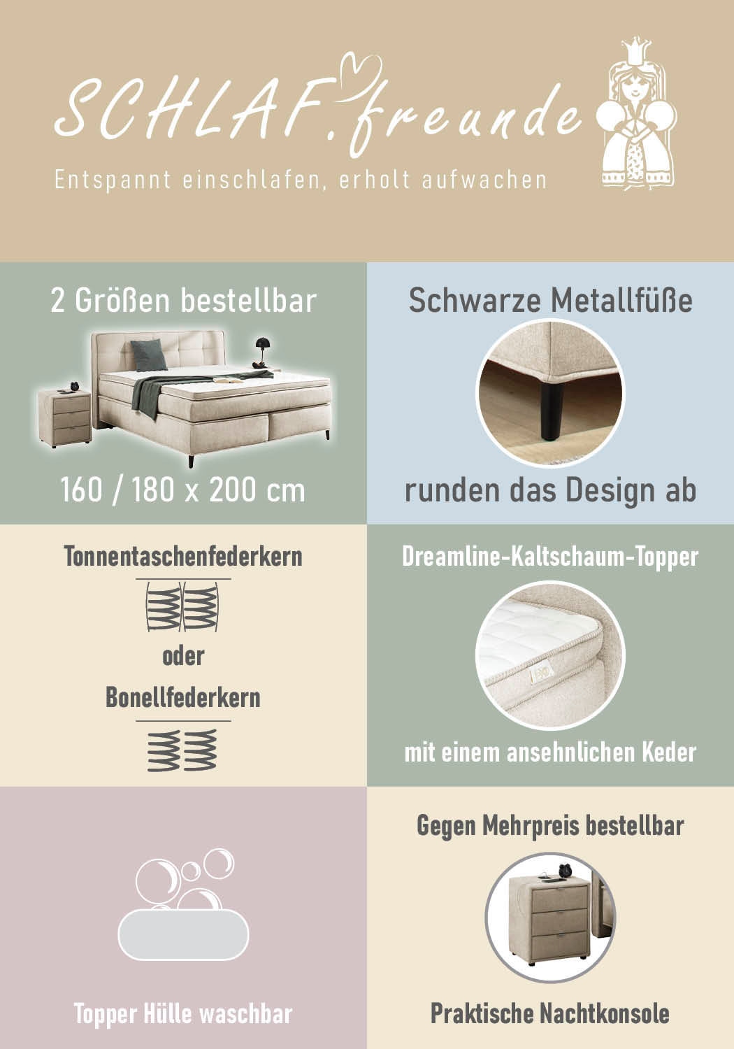 Jockenhöfer Gruppe Boxspringbett »CAPELLO, inkl. Taschenfederkernmatratze H3-H4 und 6cm Kaltschaumtopper« Bezug: Flachgewebe, 160x200 oder 180x200 cm