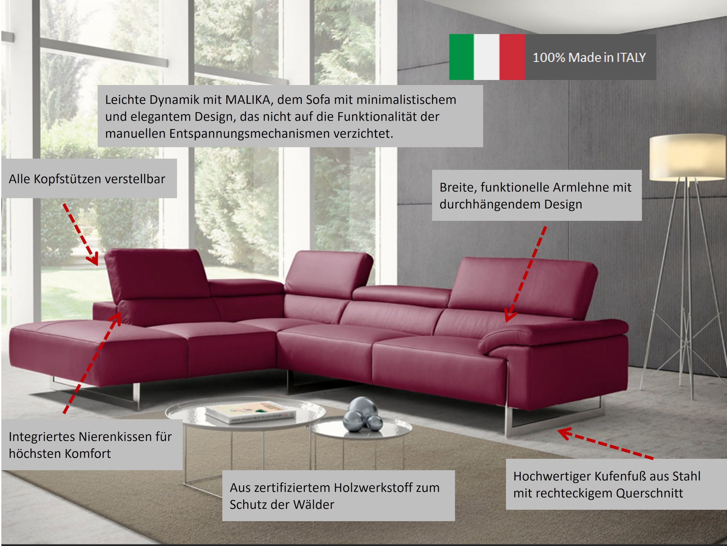 Egoitaliano Ecksofa »Malika, elegant und bequem, Designsofa, L-Form« mit Ottomane, inkl. Kopfteilverstellung und chromfarbenen Metallfüssen