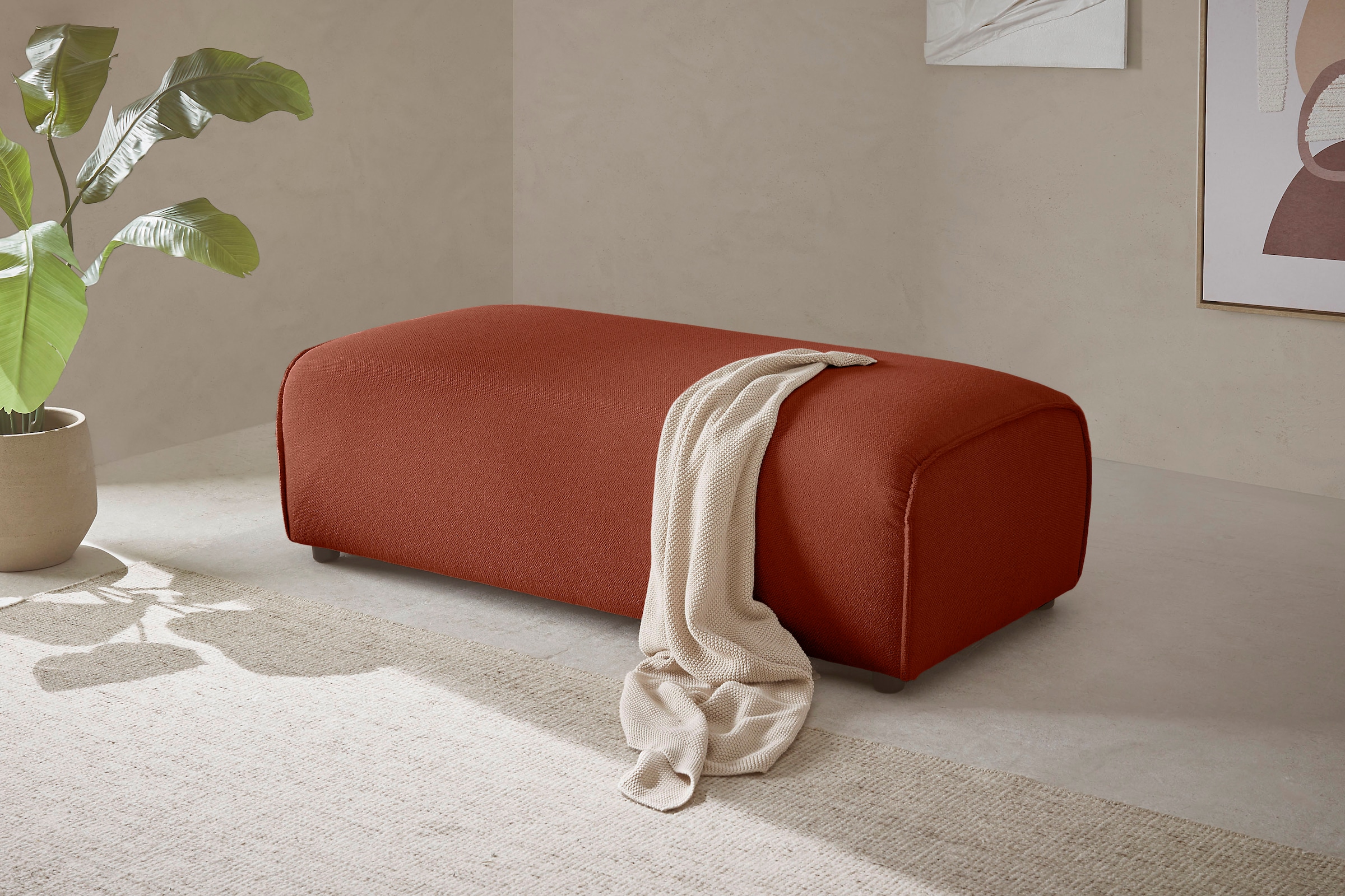 LeGer Home by Lena Gercke Hocker »PIARA, Polsterhocker mit Kedernaht, Cord, Leinenoptik o. Strukturstoff« zur Serie PIARA, rechteckig, schwarze Füsse, bequemer Sitzkomfort