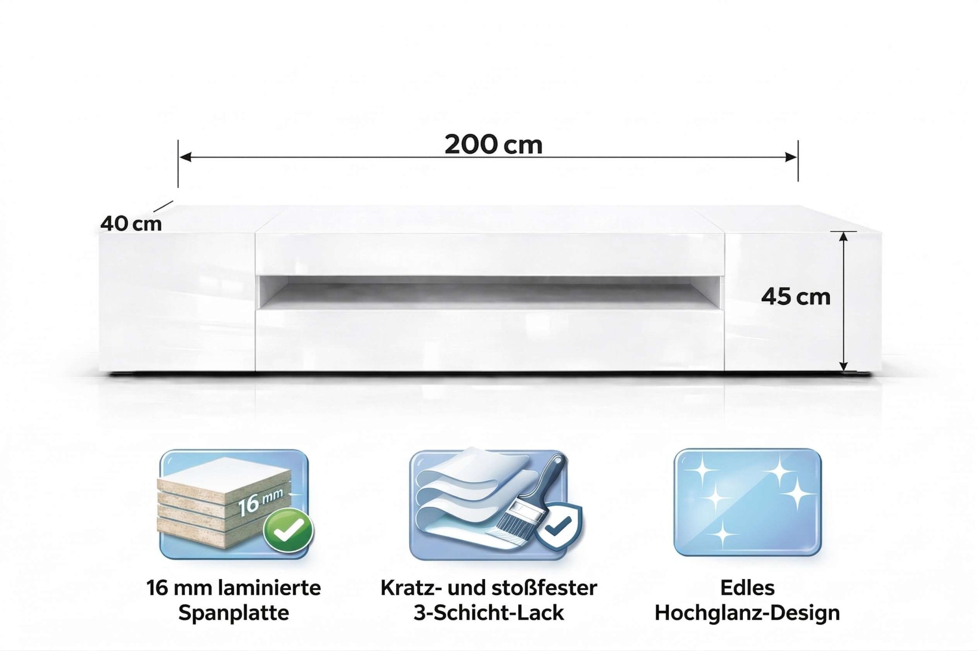 GOODproduct Table basse »LORENZO 2, TV-Board, TV-Kommode, TV-Schrank, TV-Unterschrank, TV-Möbel« Modernes lackiertes Hochglanz TV-Board, grifflos, Breite 200 cm