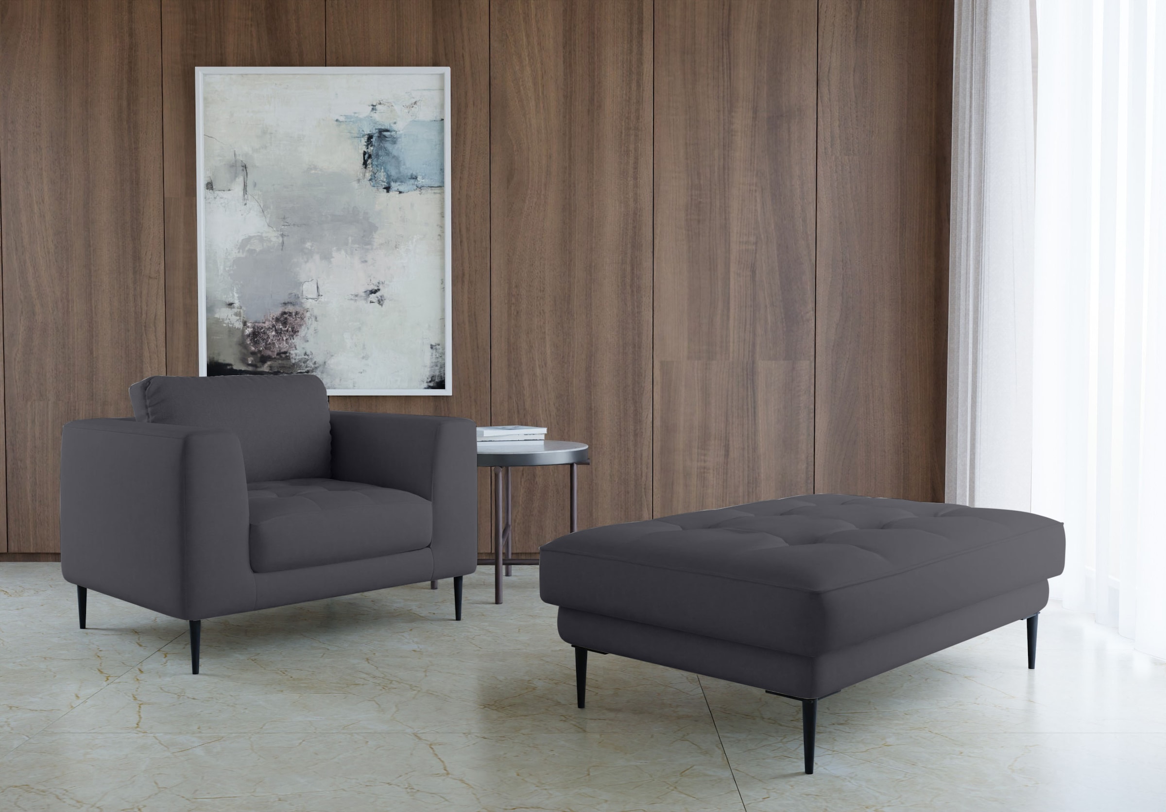 TRENDMANUFAKTUR Tabouret »Luzi, Polsterhocker, moderner Fusshocker« adapté à la série, pieds métalliques extra hauts, 125 x 42 x 72 cm
