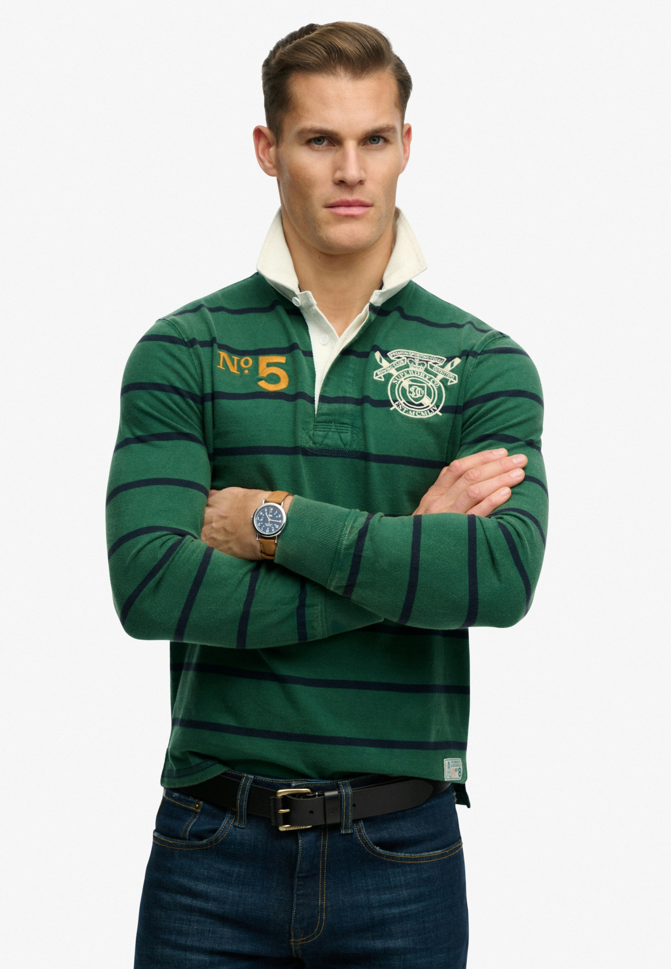 Superdry T-shirt à manches longues »DOUBLE EMBLEM STRIPE RUGBY« en coton et jersey simple, coupe décontractée, aspect rayé