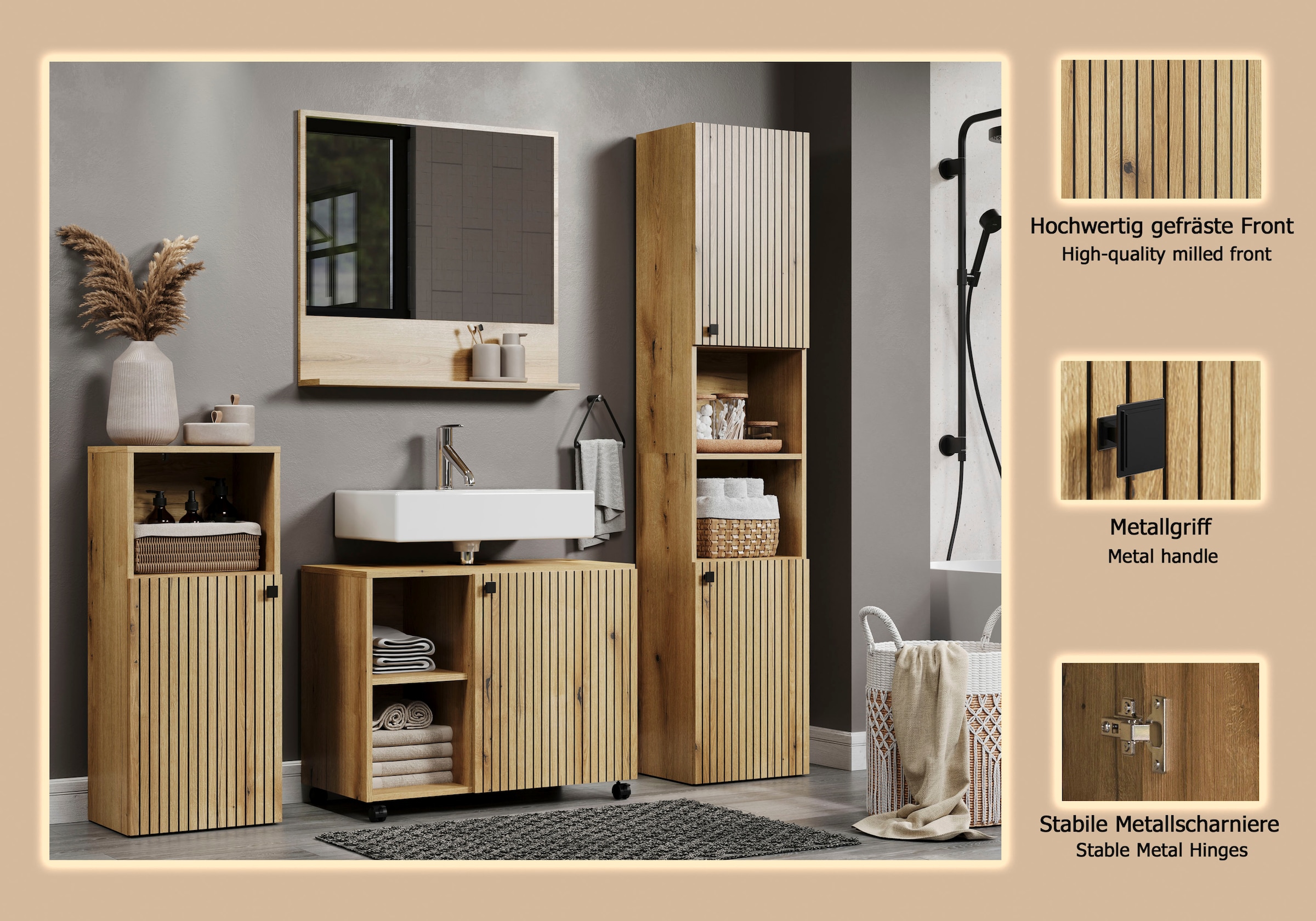 welltime Ensemble de meubles de salle de bain »Amrum Waschbeckenunterschrank Spiegel Hochschrank Badschrank« Ensemble complet, 4 cuis tlg.