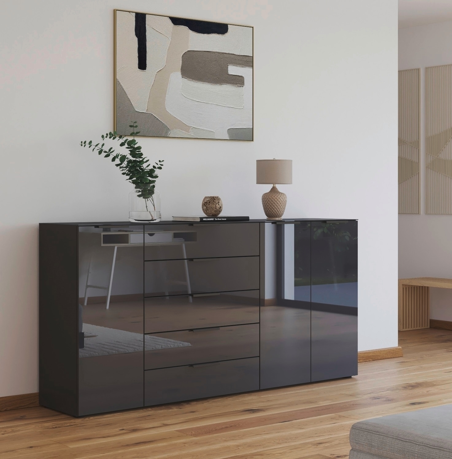 rauch Kombikommode »Kommode Türkommode Sideboard Kombikommode FLIPP mit Glasfront« Breite 200 cm mit 4 Einlegeböden,  3-türig, 5 Schubladen, Soft-Close-Funktion, Oberboden und Front Glas