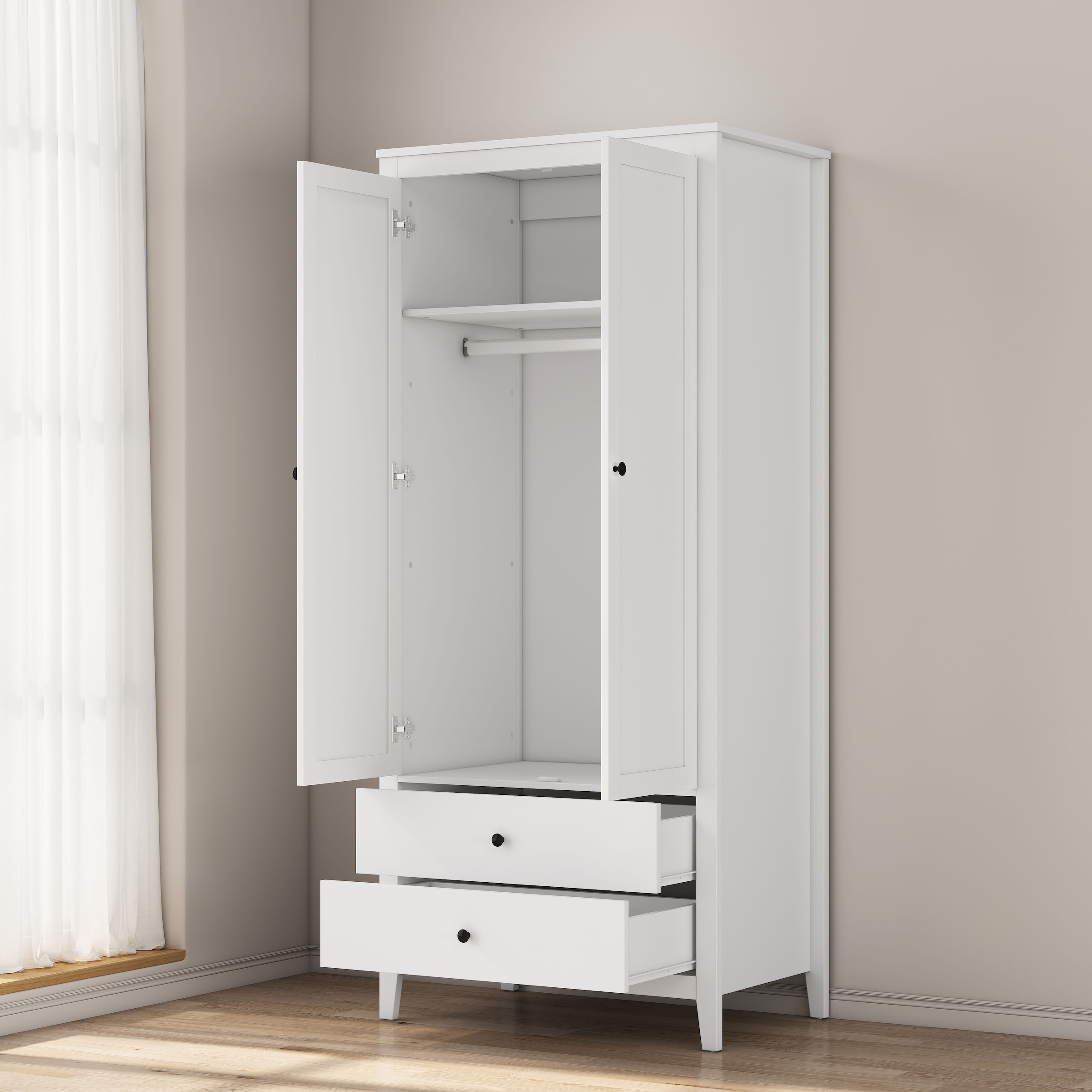 GOODproduct Armoires à vêtements »Borkum Schlafzimmerschrank Garderobe Landhaus Bestseller weiss« hochwertige schwarze Griffe aus Metall,  Schlafzimmerschrank mit 2 Türen und 2 Schubladen