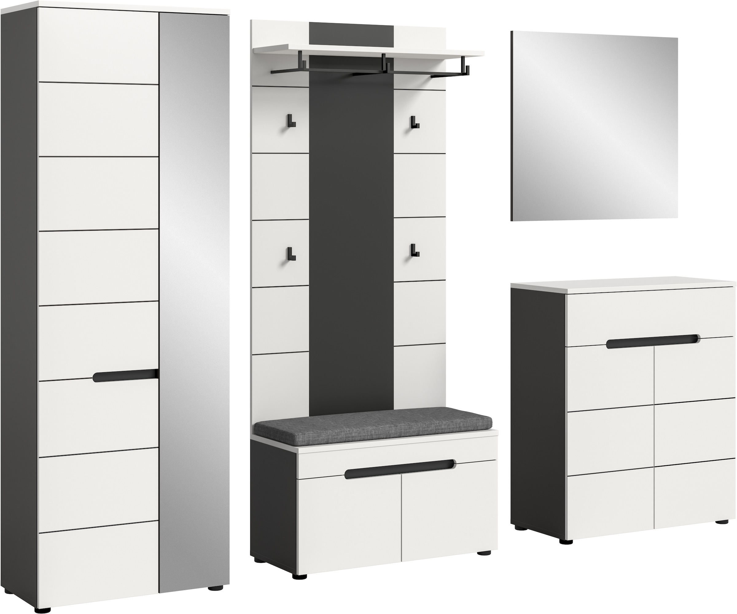 Home affaire Garderoben-Set »REHAT, TOPSELLER!, 5-teilig, Breite 255 cm, individuell erweiterbar« Set, bestehend aus: Schrank, Sitzbank, Sitzkissen, Paneel, Spiegel, Kommode, 6 Stk. tlg.