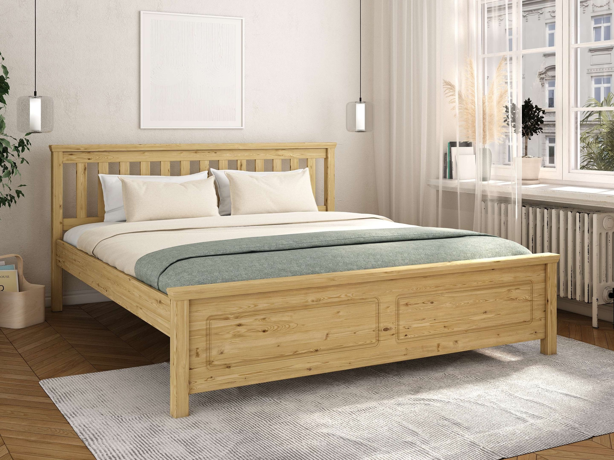 GOODproduct Lit »Fredegard, skandinavischer Stil, vielseitig kombinierbar, 2 Breiten« 180er oder 140er Breite,  Sprossen am Kopfteil, mit Lattenrost, Kassettenoptik