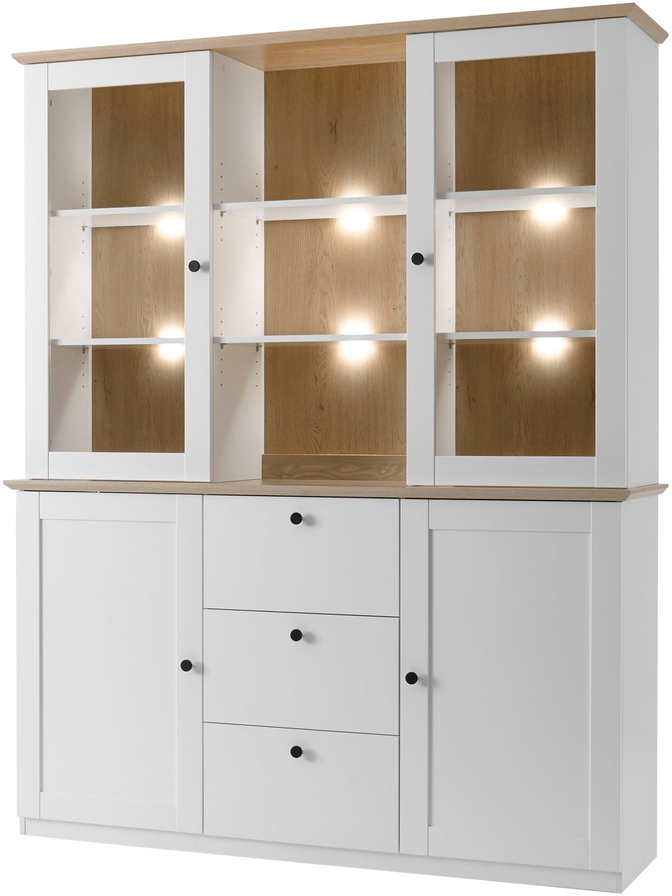 GOODproduct Buffet »Brest, Hochschrank im Landhausstil, Schrank, Küchenschrank« schwarze Metallgriffe, viel Stauraum, Glastüren, 164 cm breit