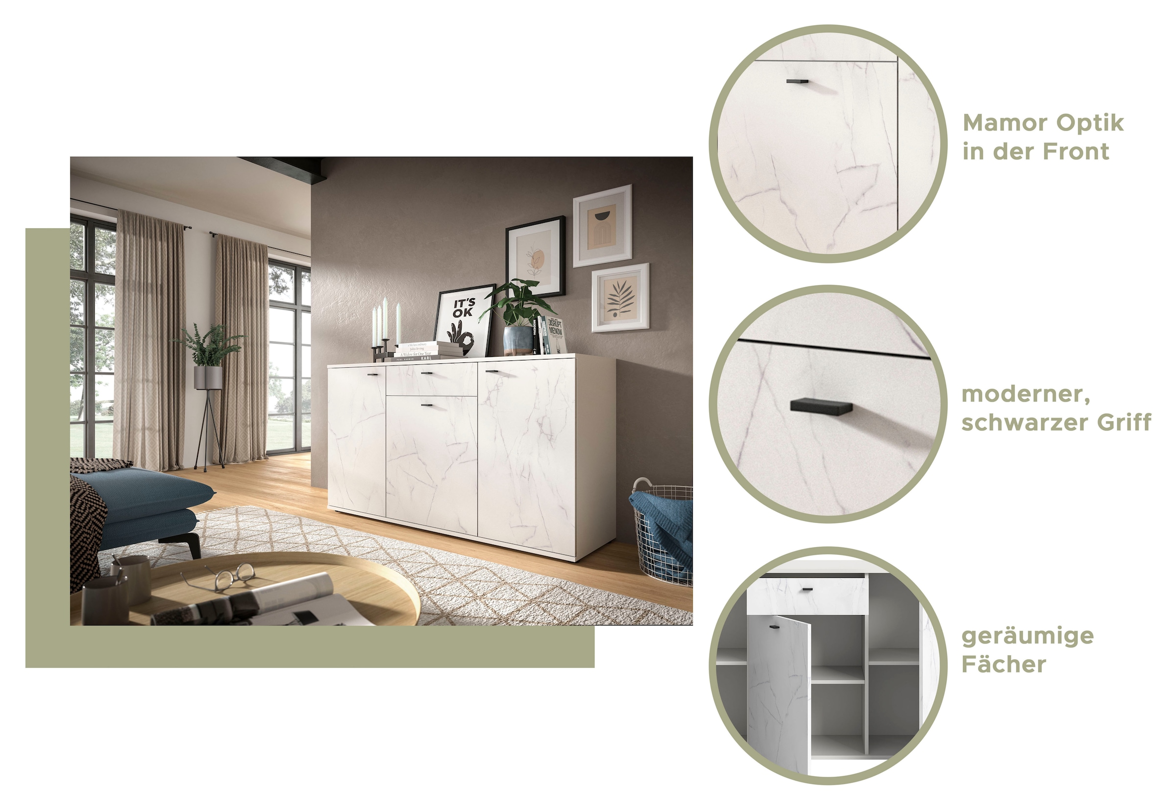 Home affaire Sideboard »CALCOLO, Breite 138cm, 3 Türen, 1 Schubkasten, 6 Fächer« Anrichte, Kommode, Schrank