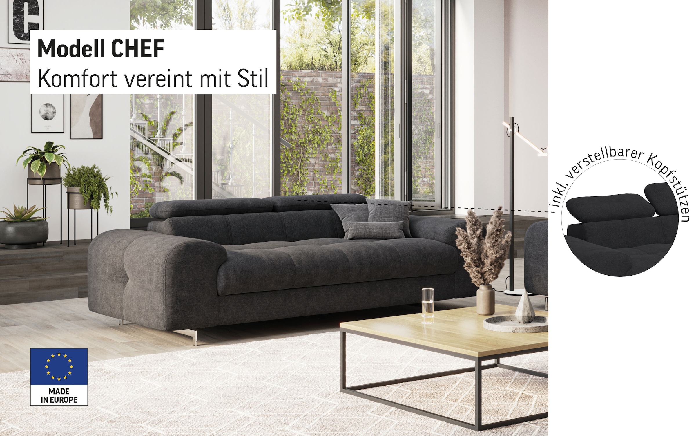 COTTA 3-places »Chef« Big-Sofa mit Kopfteilverstellung, edle Metallkufen
