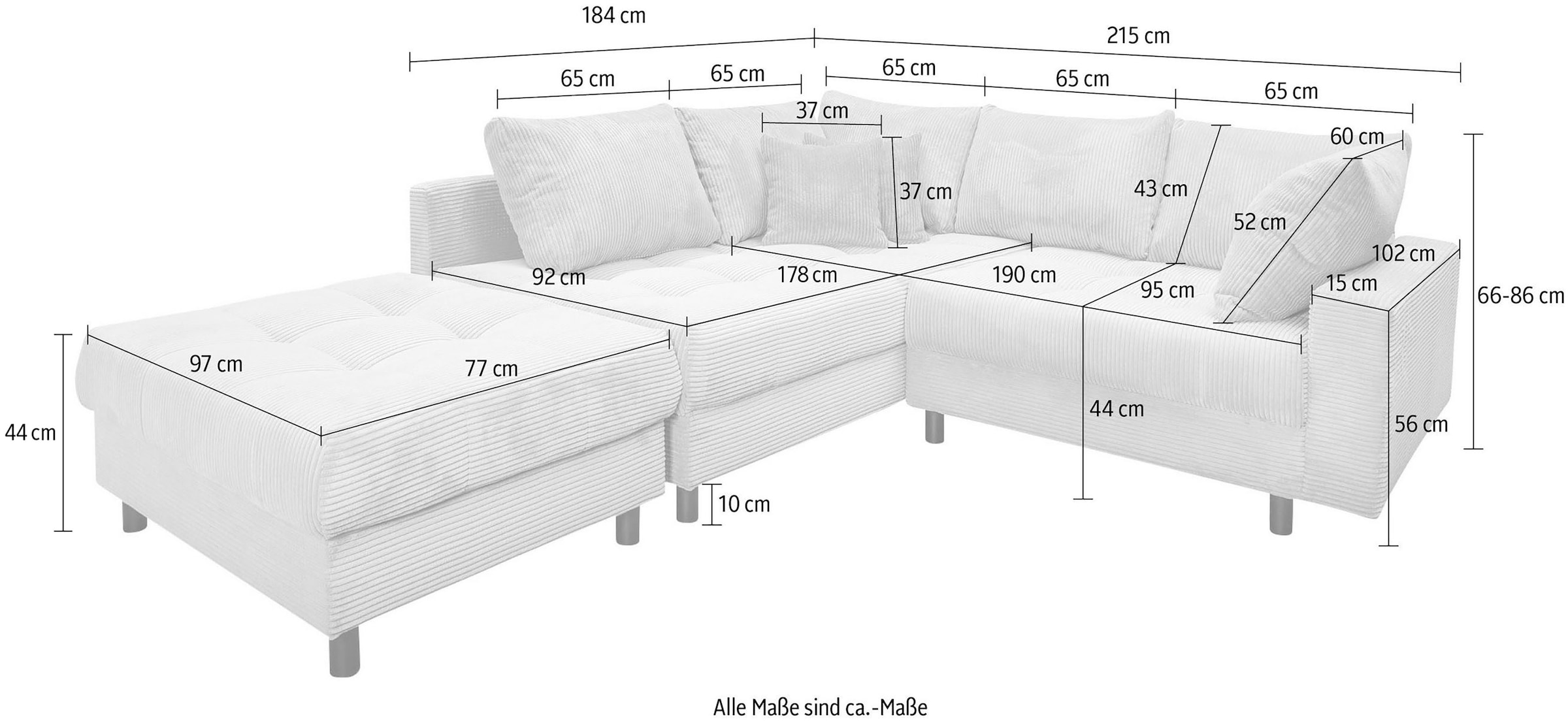COLLECTION AB Canapé d'angle »Antonia L-Form, B: 215 cm« Ecksofa, Rückenkissen, ottomane beidseitig montierbar, Bonnelfederkern