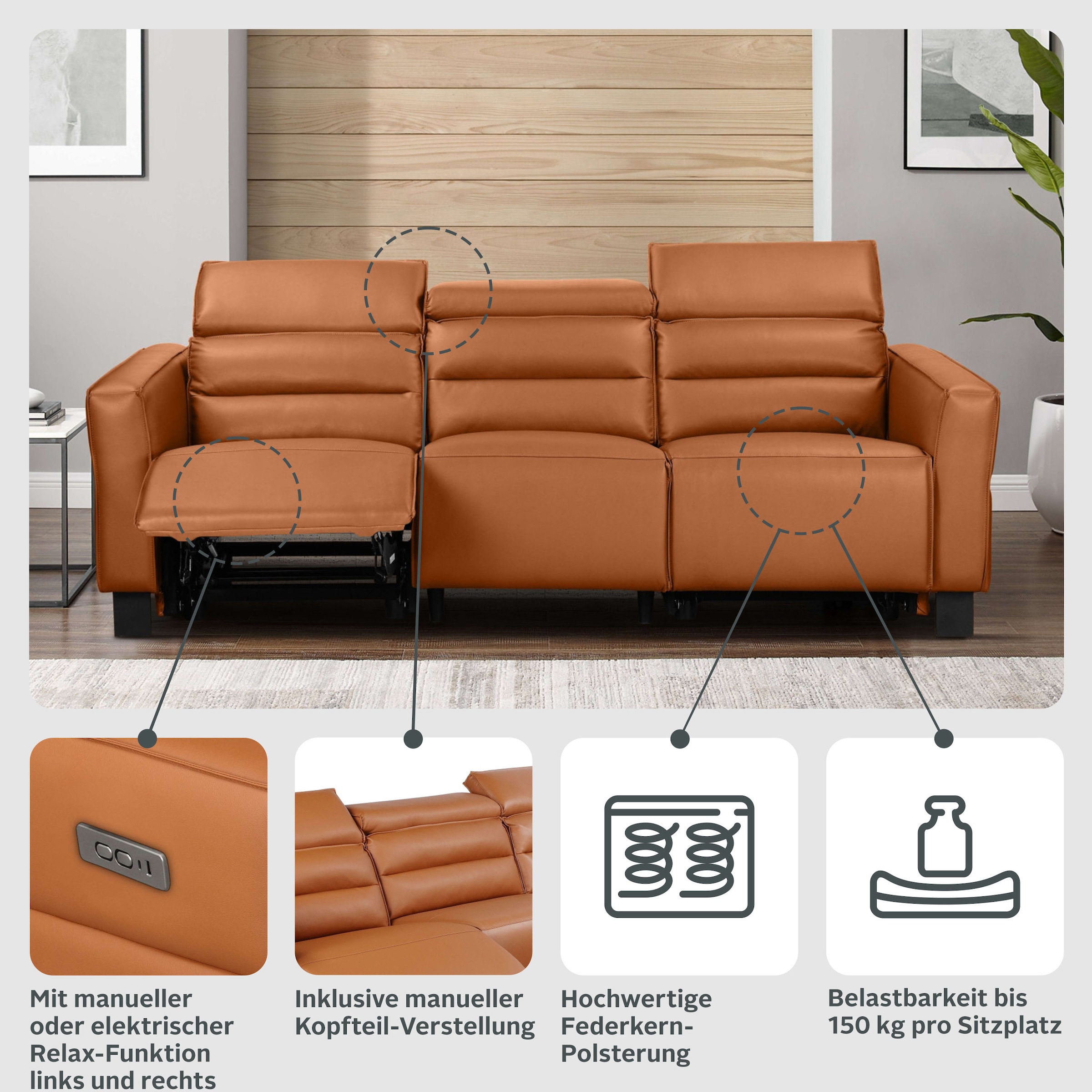 Home affaire 3-Sitzer »Carpari, 224cm, manuelle od. elektrische Relaxfunktion in 2 Sitzen« mit USB-A/C, Kopfteilverstellung, Echtleder, Kunstleder, Webstoff