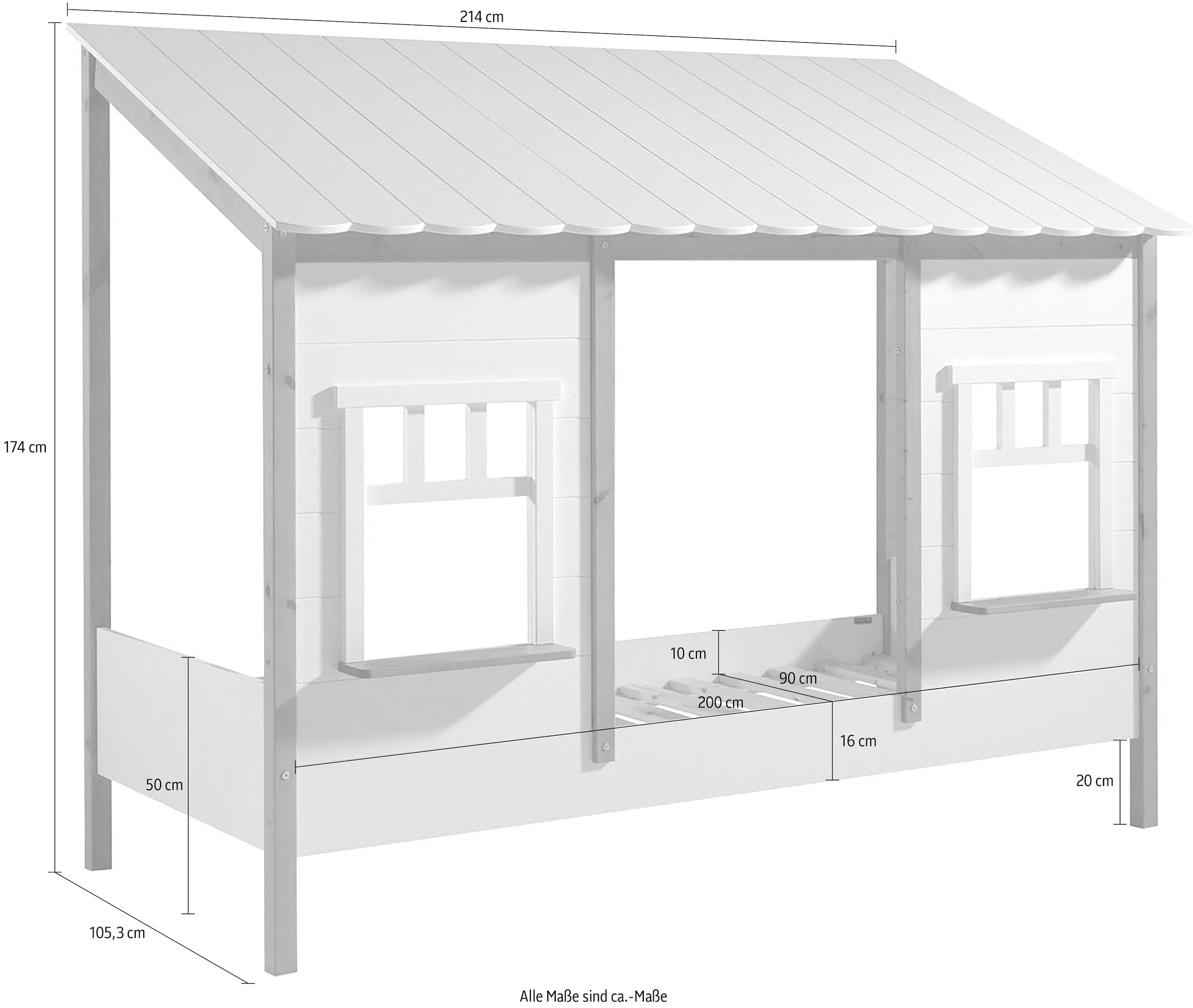 Vipack Kinderbett »Hausbett, aus MDF und Massivholz weiss lackiert mit farblichen Absatz« B/H/T ca. 214,5x174x107,5cm, vorne 2 Fenster, mit Liebe zum Detail,  inkl. Rolllattenrost, wahlweise mit oder ohne Bettschublade auf Rollen