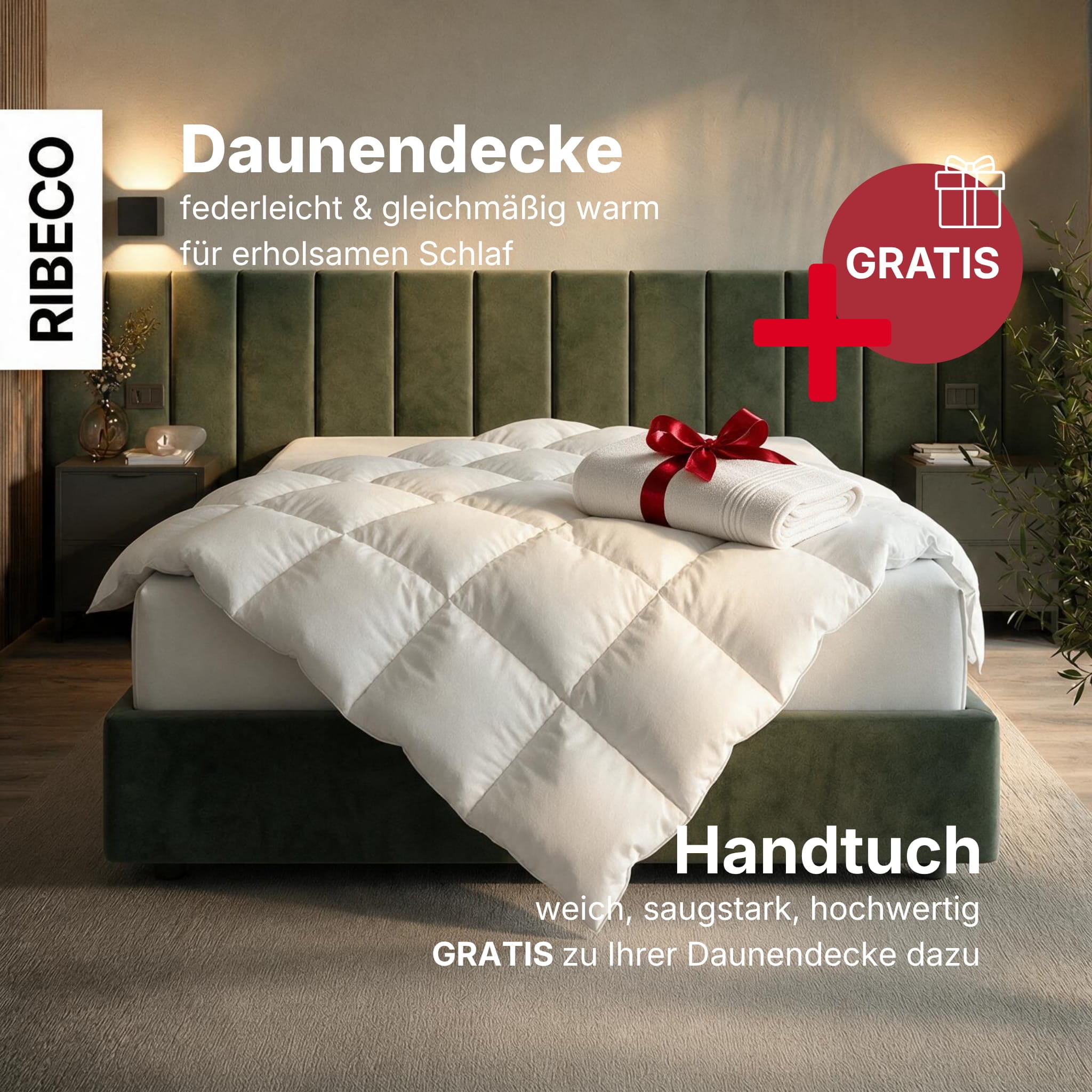 RIBECO Daunenbettdecke »Johanna, Bettdecke  Nur für kurze Zeit! GRATIS ein Handtuch dazu!« leicht Füllung 80Daunen20Federn 1 Stk. tlg. Topseller, Bettdecke in 135x200 cm & weitere Grössen,  Made in Germany