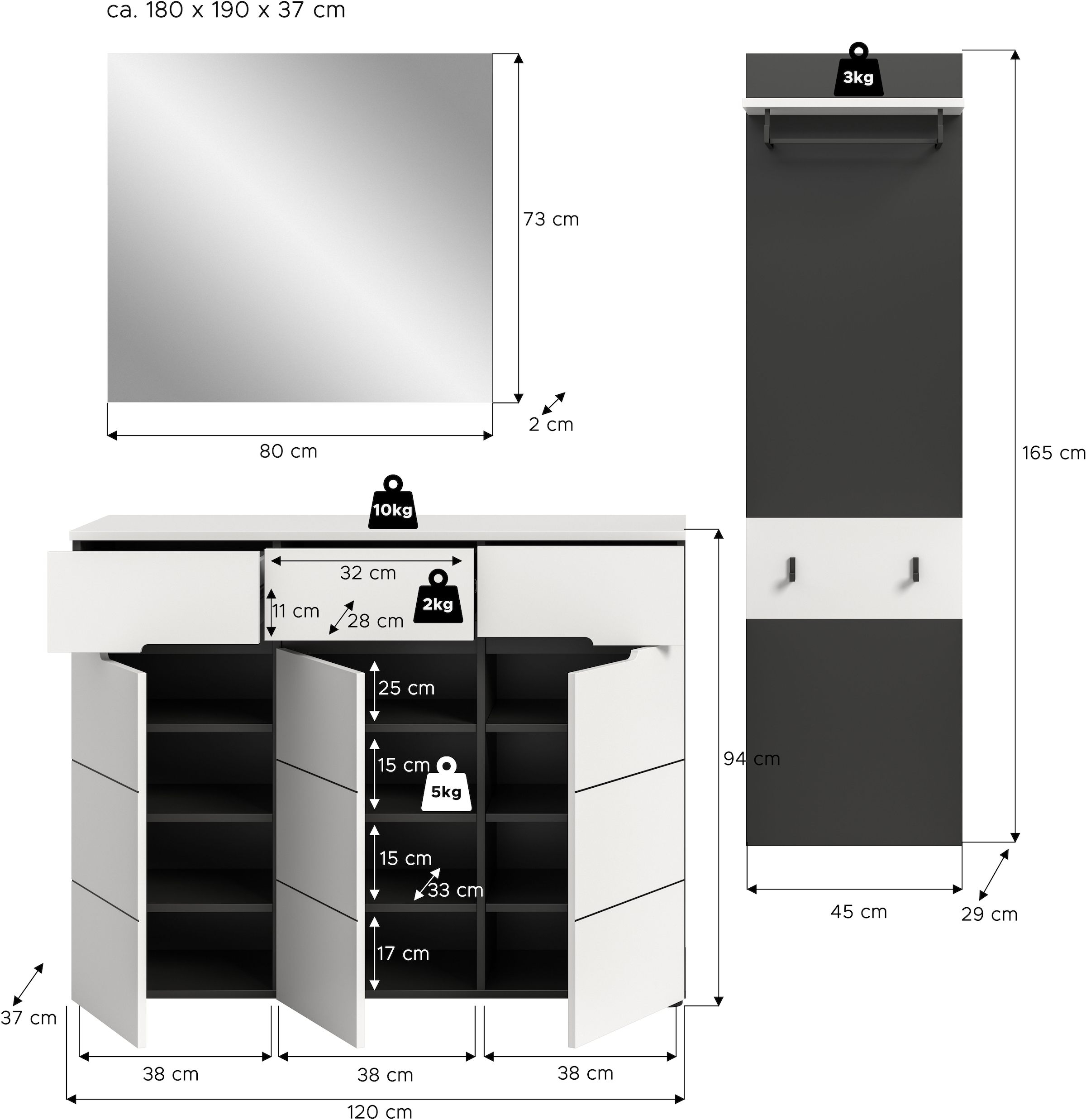 Home affaire Ensemble de vestiaires »REHAT, TOPSELLER!, 3-teilig, Breite 180 cm, individuell erweiterbar« Set, bestehend aus: Kommode, Spiegel und Garderobenpaneel, 3 cuis tlg.
