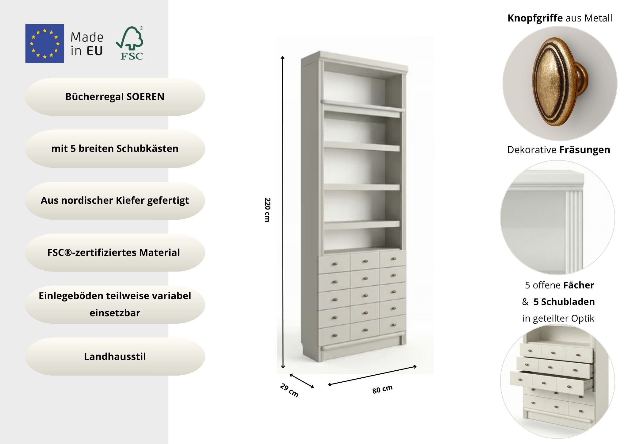 Home affaire »Soeren Regal mit 5 breiten Schubkästen in geteilter Optik« H/L/P : 80/29/220 cm, pin certifié FSC®, poignées métalliques élégantes