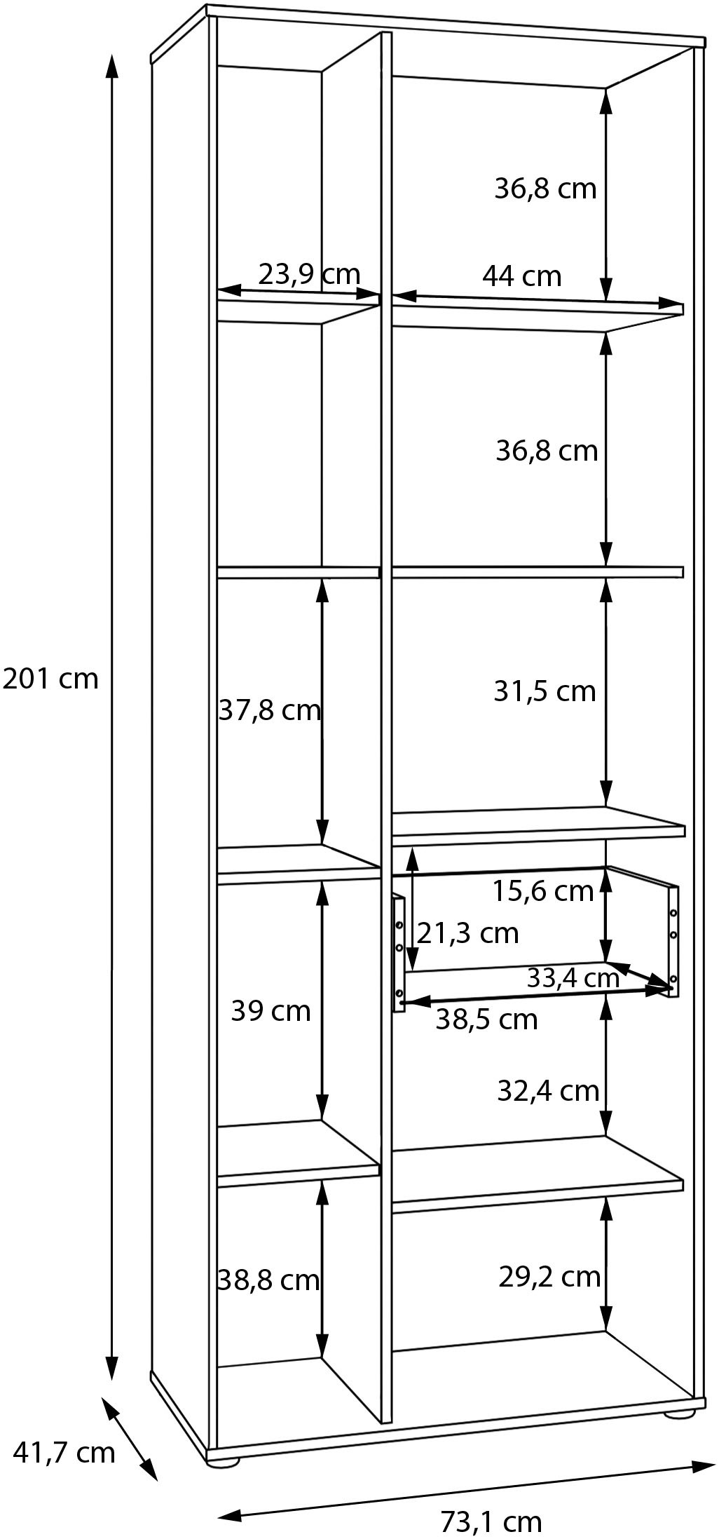 FORTE Étagère »Stauraumregal, 1T/1SK, Soft Close, Vollauszug SK« L/H/P 73,1/200,1/41,7 cm éclairage optionnel