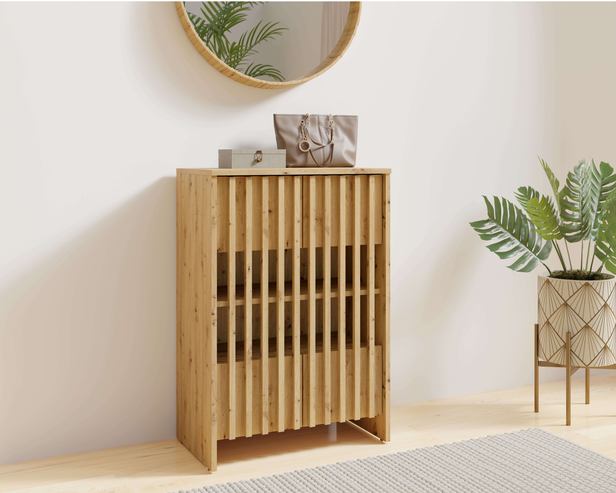 Home affaire Armoire multi-usages »MURET, Schuhschrank, Weinregal, 4 Fächer und 2 Türen, Lamellenfronten« Masse B/T/H: 60/35,4/87 cm,  Schuhkommode mit viel Stauraum, Masse B/T/H: 60/35,4/87 cm