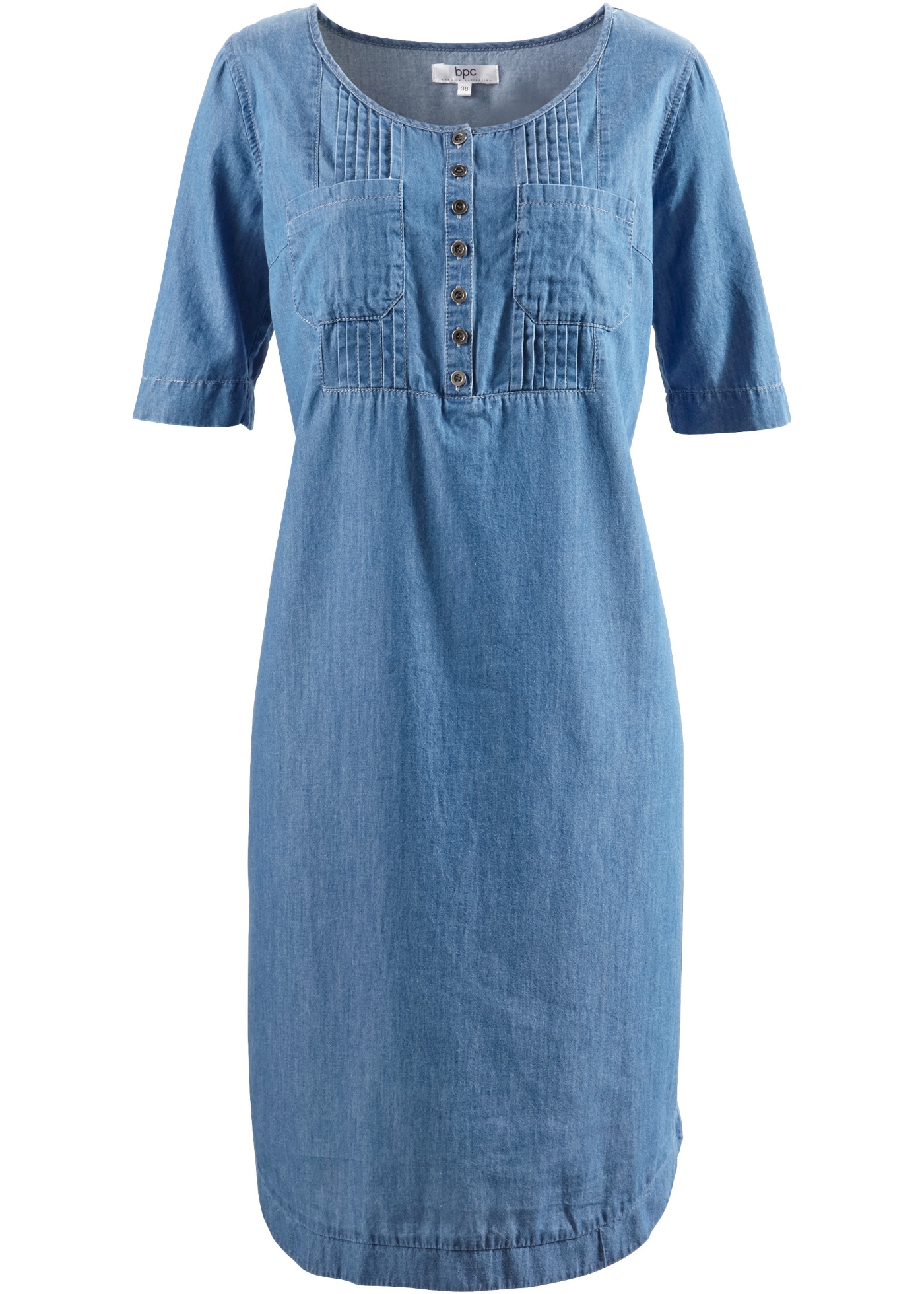 bonprix Robe en jean en denim doux, avec plis et patte de boutonnage sur le haut