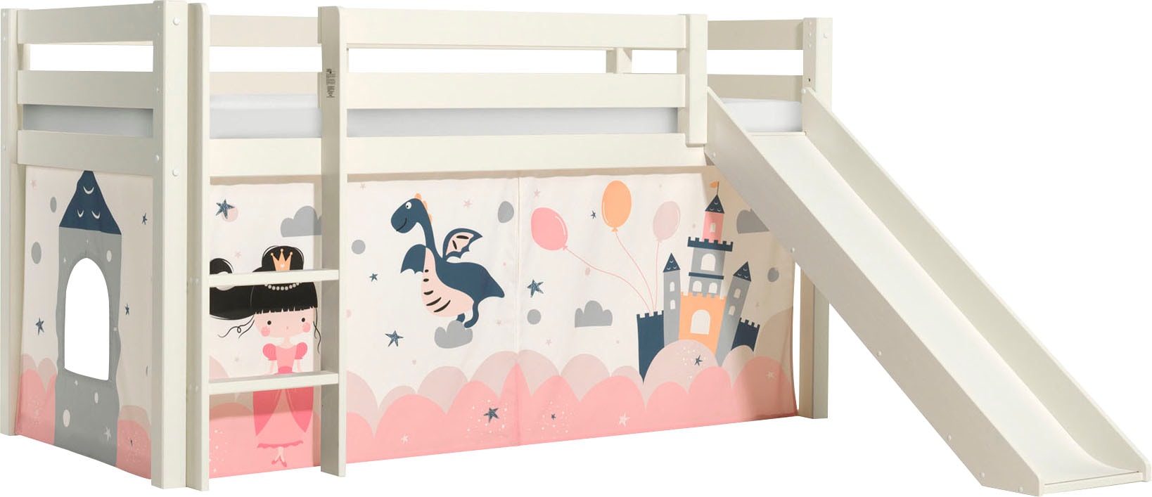Vipack Lit de jeu »Pino, Kiefer massiv, mit Rolllattenrost u. Textil-Set, Made in Europe« L/H/P env. 210x114x218 cm, avec protection anti-chute, échelle et toboggan,  Différents designs textiles et couleurs de bois au choix