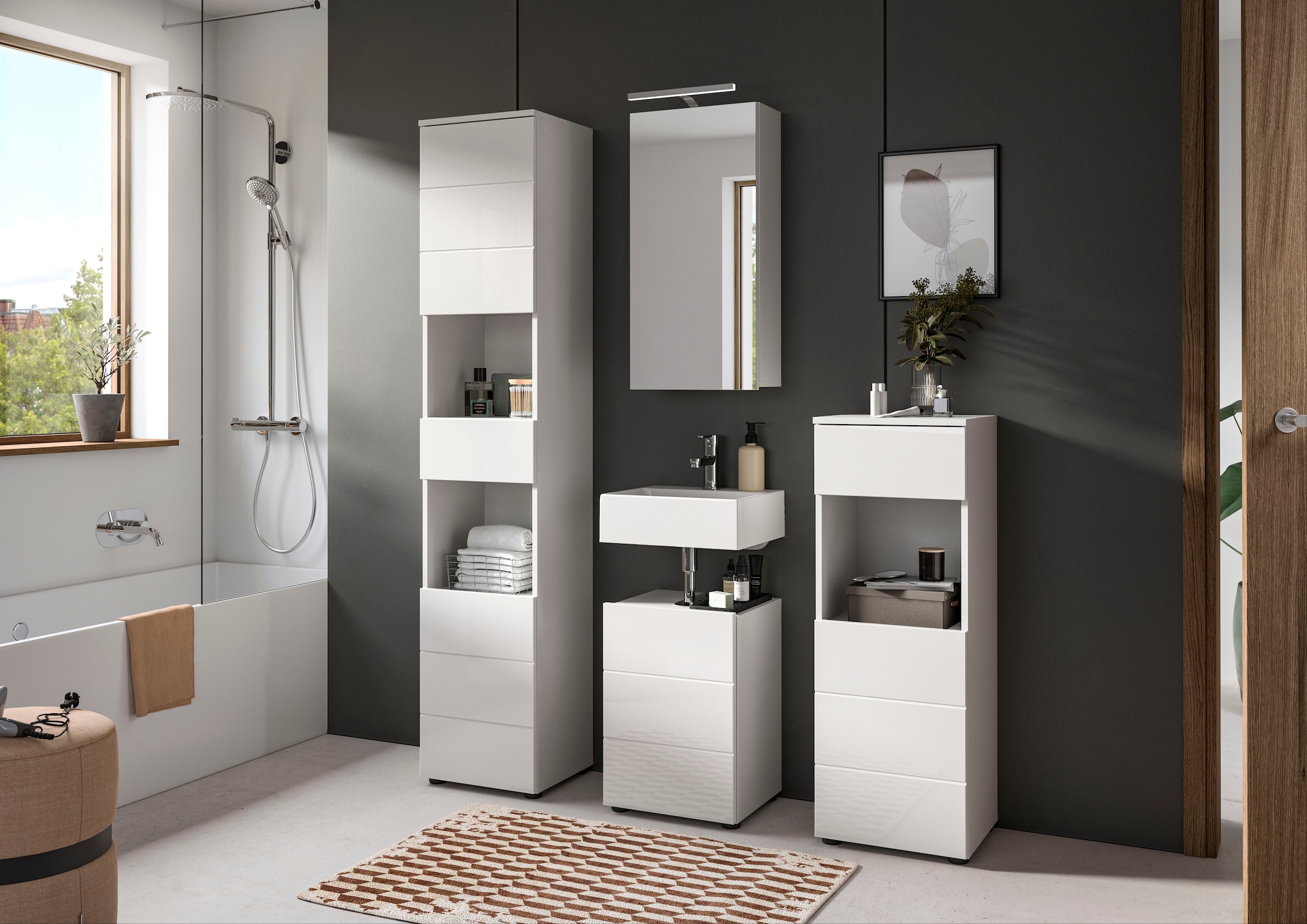 welltime Hochschrank »Biel, Höhe 190 cm, 2 Türen, 1 Schubkasten« 1 Stk. tlg. Türanschlag wechselbar, modernes Design, Badschrank, Unterschrank, Bad