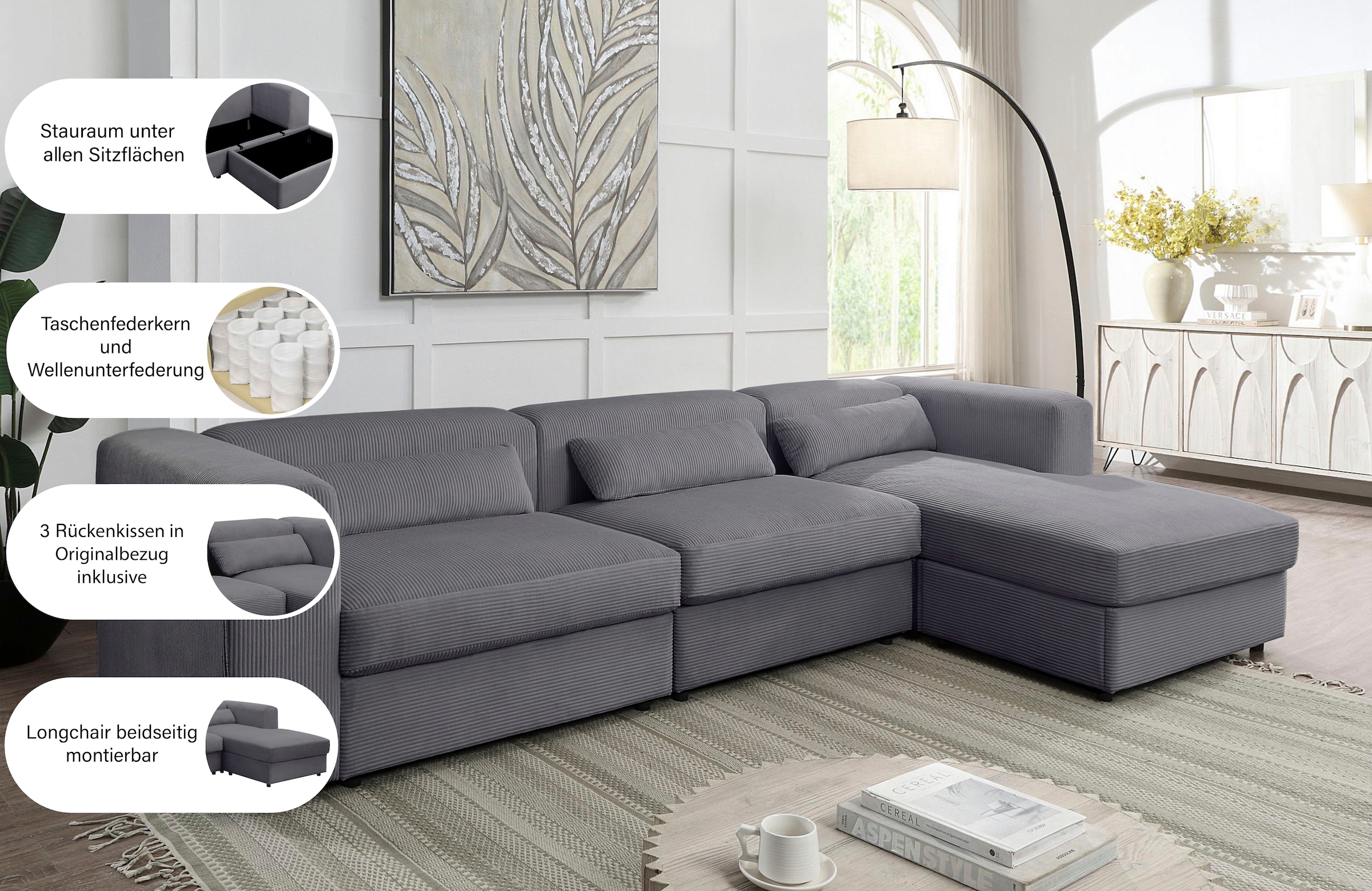 GOODproduct Ecksofa »Uno, L-Form, Breite: 307cm« beidseitig montierbarem Longchair,mit Taschenfederkern, in Cord