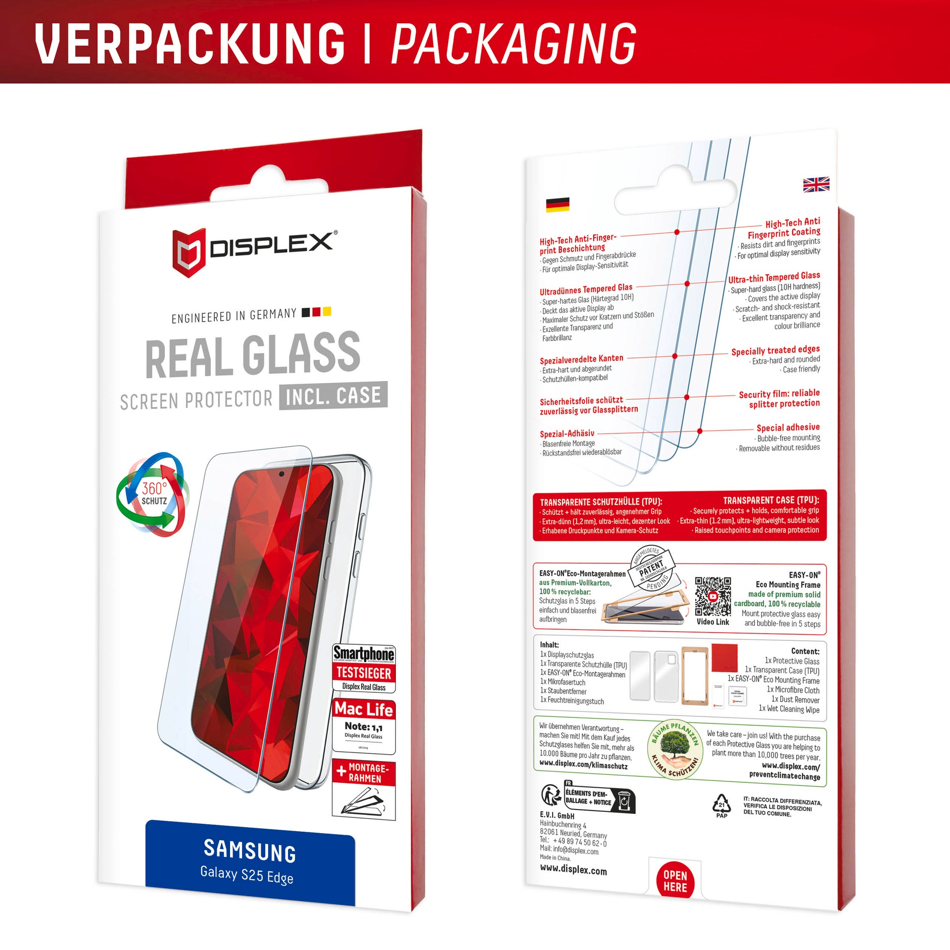 Displex Verre de protection d'écran »Real Glass Screen Protector inkl. Case« für Samsung Galaxy S25 Edge Displayschutzfolie, Schutzfolie, Bildschirmschutz, kratz- & stossfest