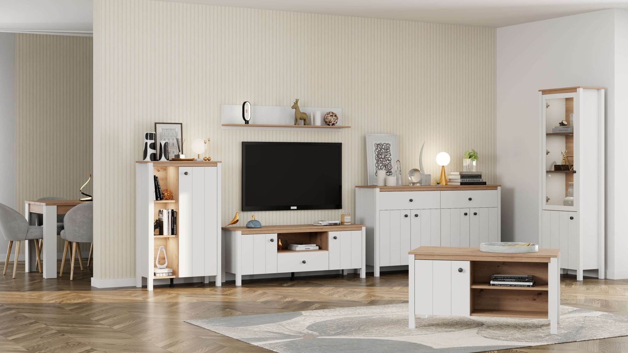 Home affaire Vitrines »BEDFORD Vitrinenschrank, Glasschrank, Standvitrine, Highboard« Profil MDF 2D revêtu, estampage à chaud, chants ABS 1 mm, 4 tablettes