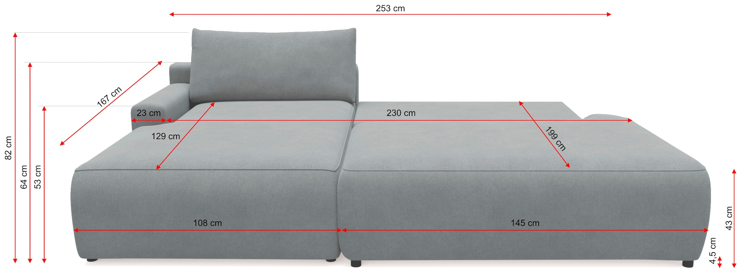 TRENDMANUFAKTUR Canapé d'angle »Prag, Schlafsofa mit Bettkasten, Couch in L-Form, Breite 253 cm« en tissu structuré fin, anthracite, méridienne à gauche