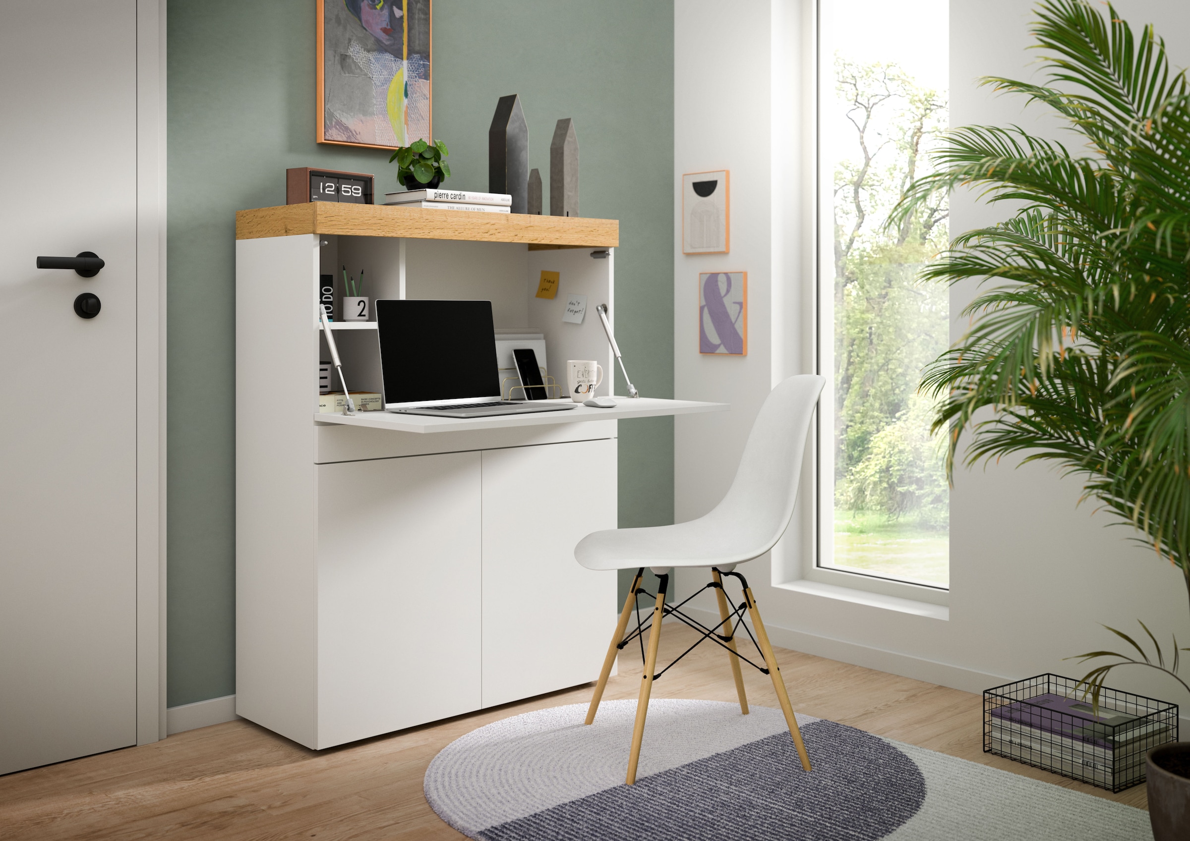 GOODproduct Sekretär »MAMBO, Höhe 122cm, Home-Office-Schreibtisch, PC-Schrank« 2 Türen, 1Klappe, 7 Fächer, 1 Schubkasten, 3 höhenverstellbare Böden,  Multifunktional mit viel Stauraum, klappbare Tischfläche
