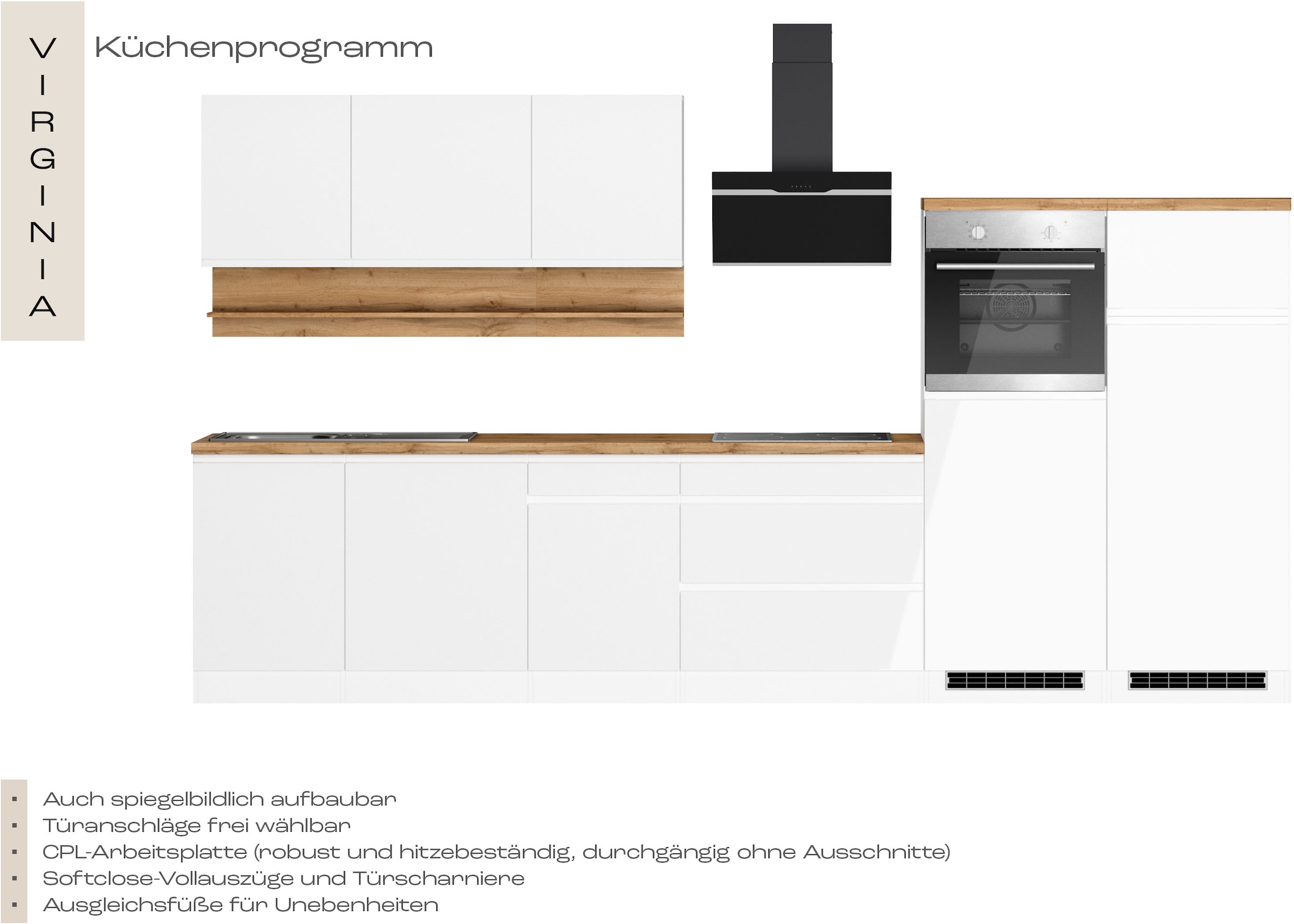 KOCHSTATION Kitchenette »KS-Virginia,neu in verbesserter Ausführung« plan de travail épaisseur 38 mm, rangement, fermeture douce,  largeur 360 cm, softclose, au choix avec appareils électriques et induction