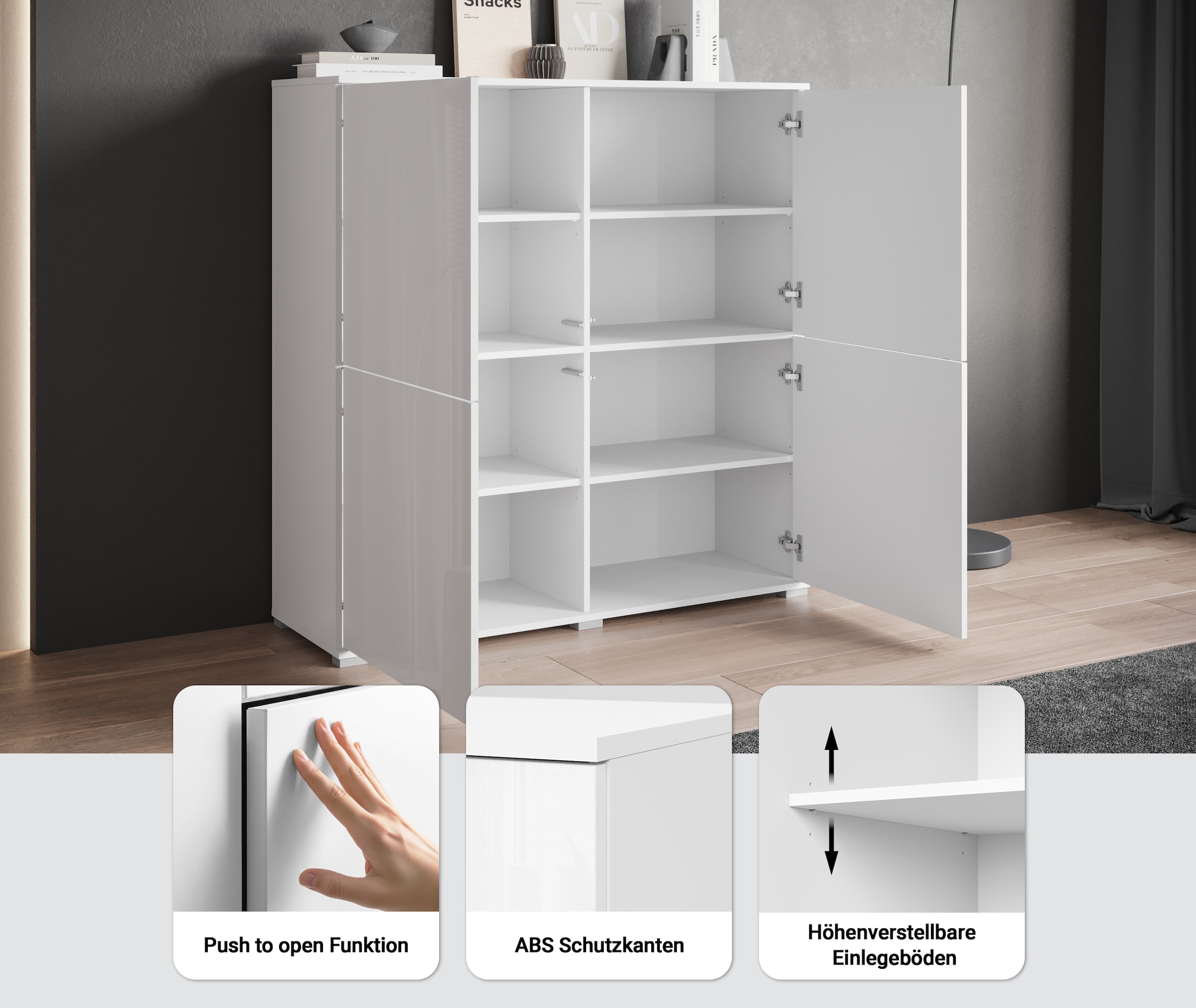 GOODproduct Buffet haut »Kenia, moderne grifflose Hochkommode mit 4 Türen, Breite 120 cm« 1 cuis tlg. façades push-to-open, étagères réglables en hauteur