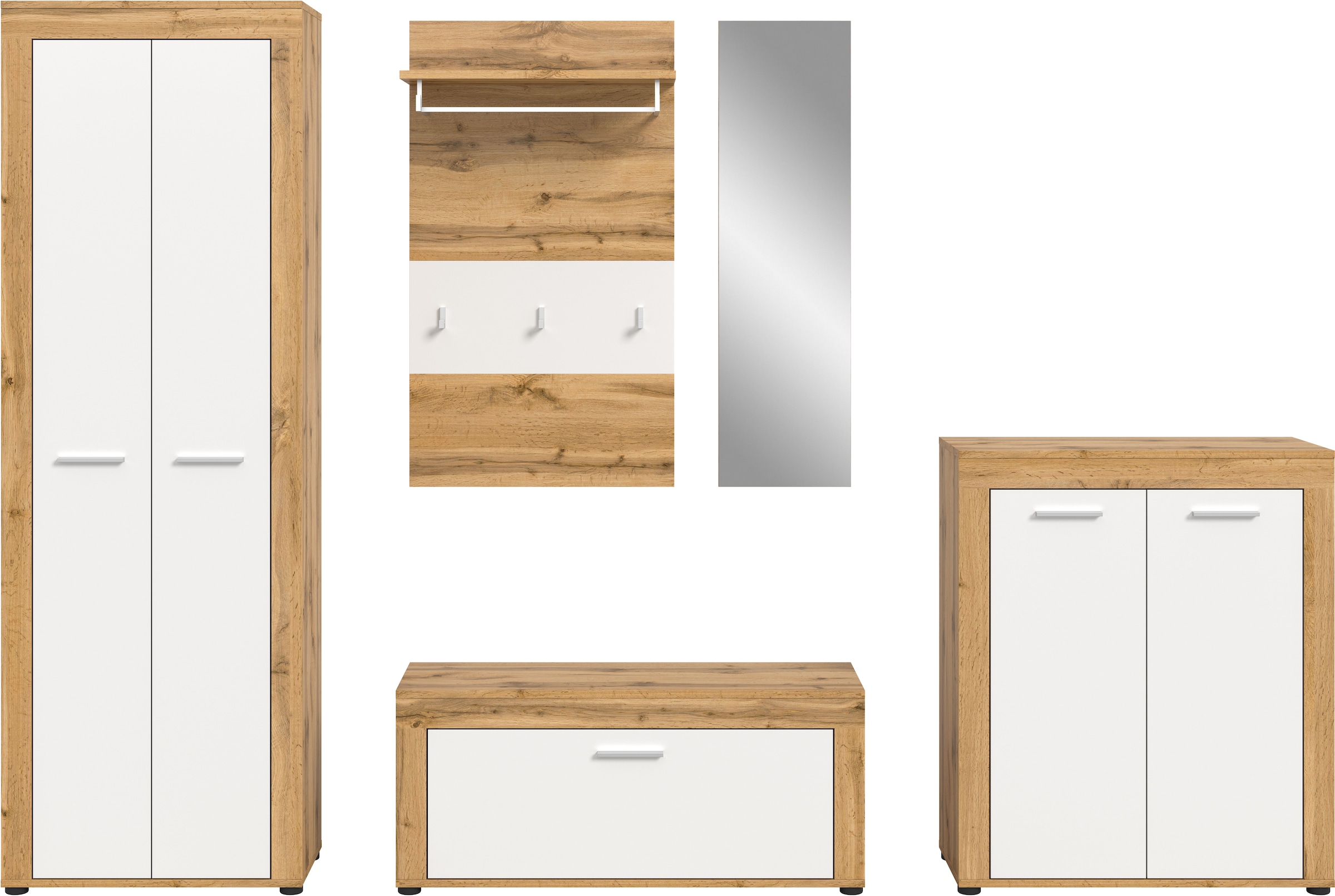 Home affaire Garderoben-Set »AOSTA, TOPSELLER!, Breite 285cm, 5-teilige Garderobenkombination« Set, bestehend aus: Garderobenschrank, Sitzbank, Paneel, Spiegel & Kommode, 5 Stk. tlg.