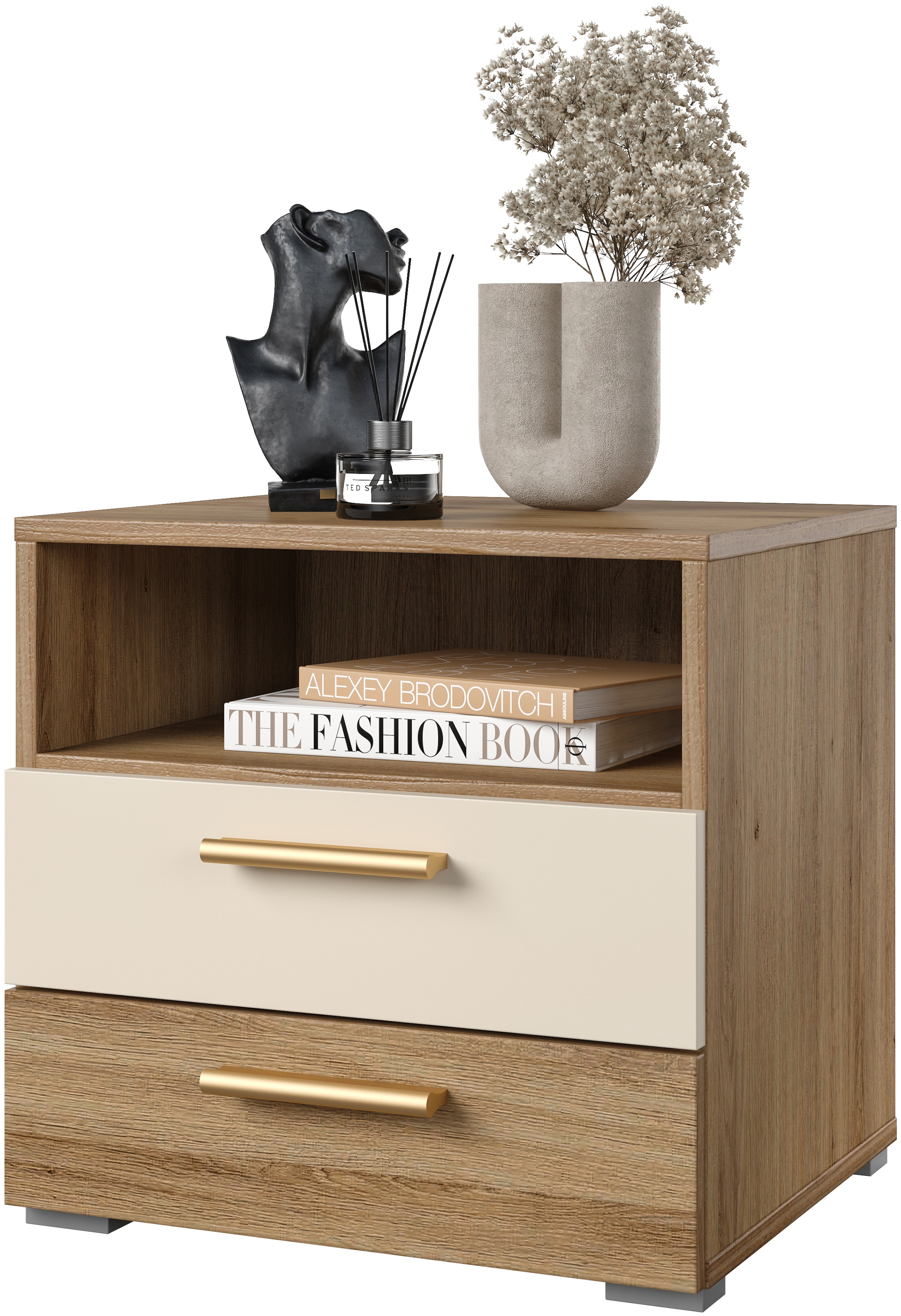 Home affaire Table de nuit »Bitry, Breite 46 cm, moderner Nachtschrank mit 2 Schubladen« Nachttisch, viel Stauraum, offene Fach